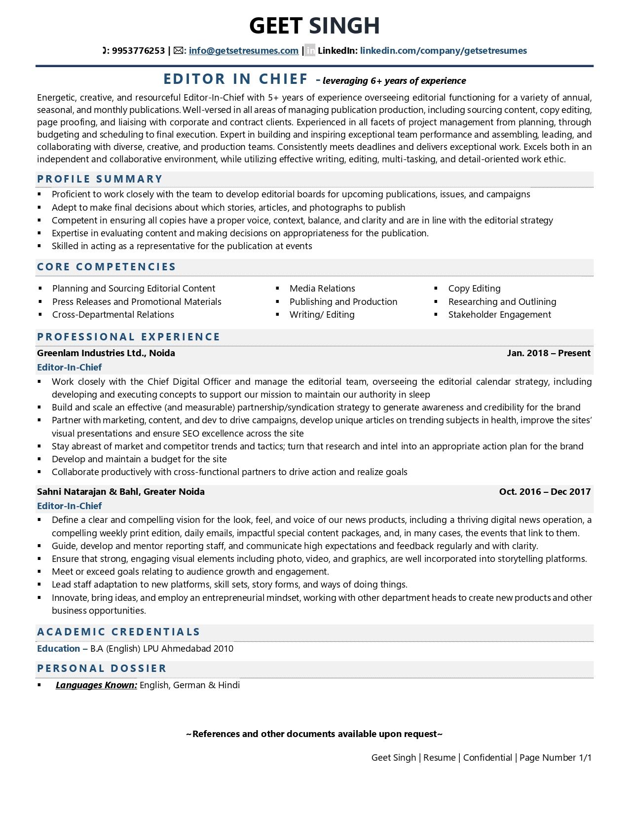 Editor in Chief - Resume Example & Template