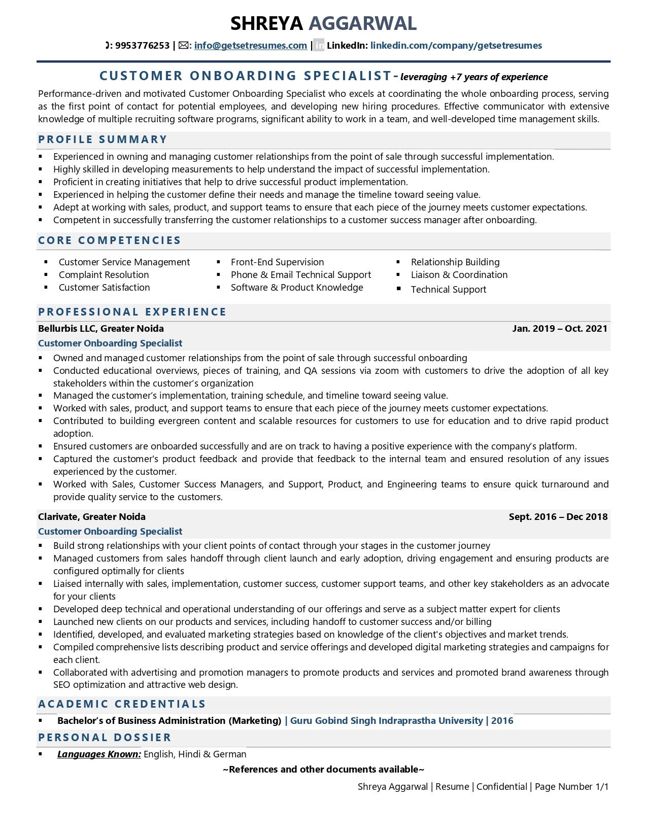 Customer Onboarding Specialist Resume Examples Template with Job 