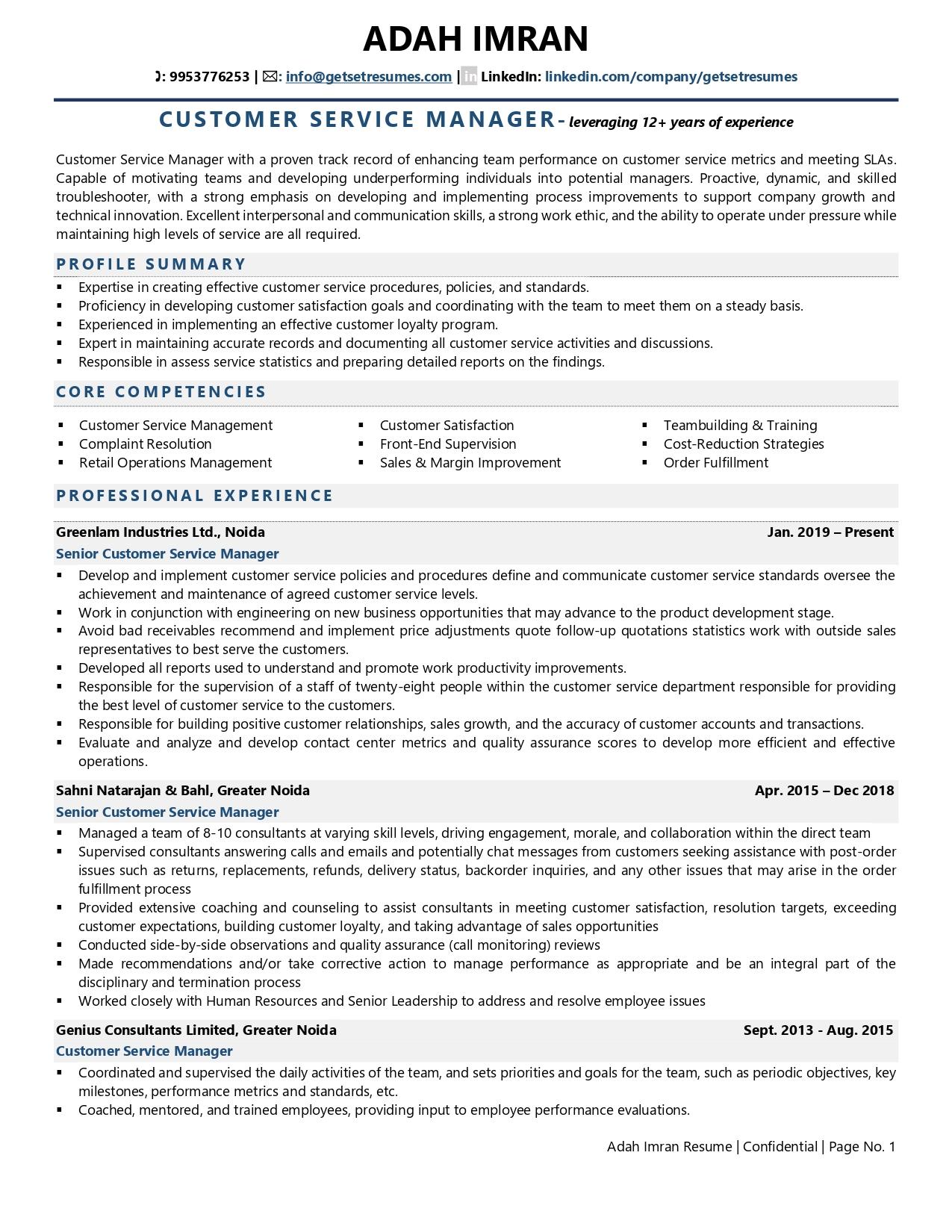 Customer Service Manager - Resume Example & Template