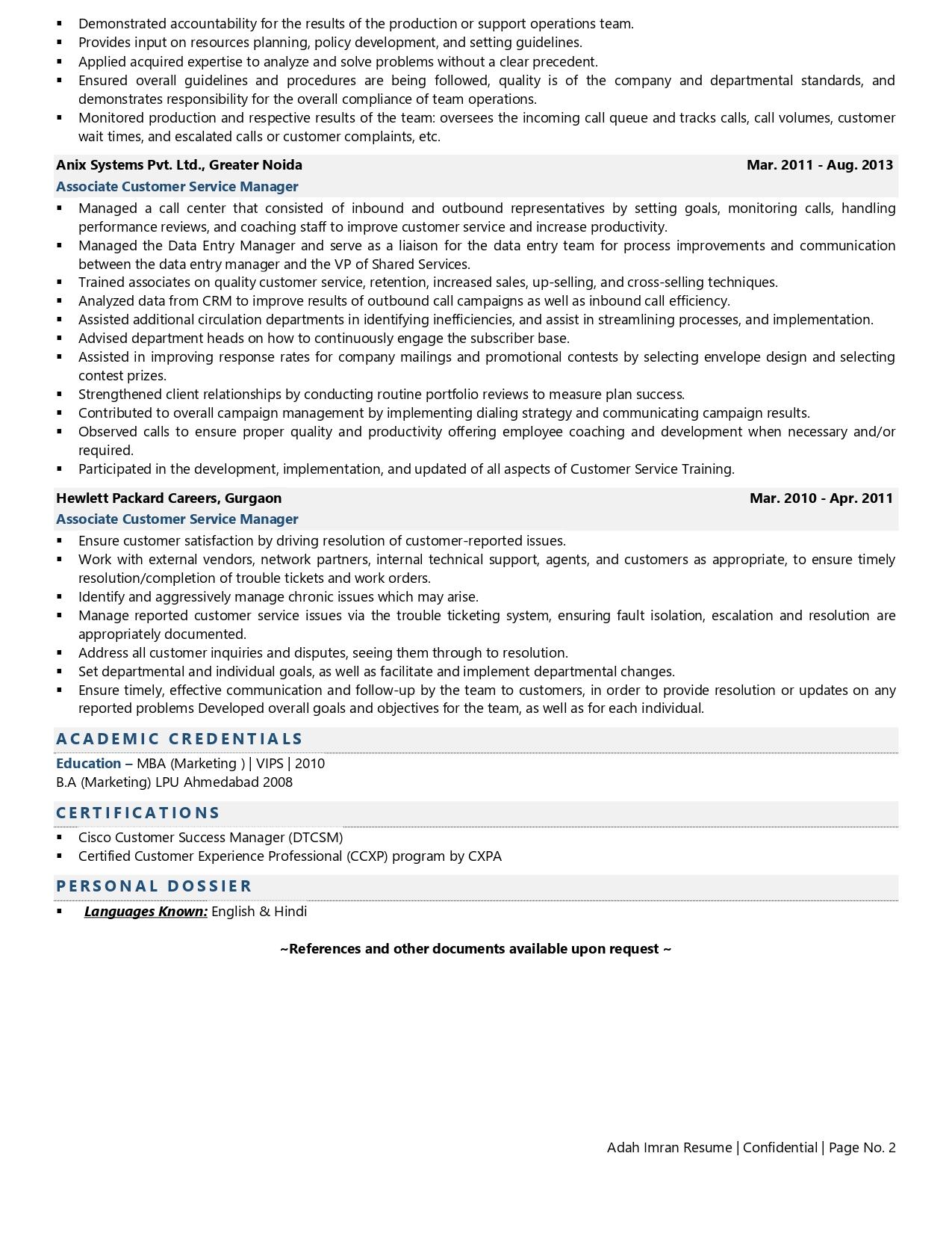 resume of customer service manager