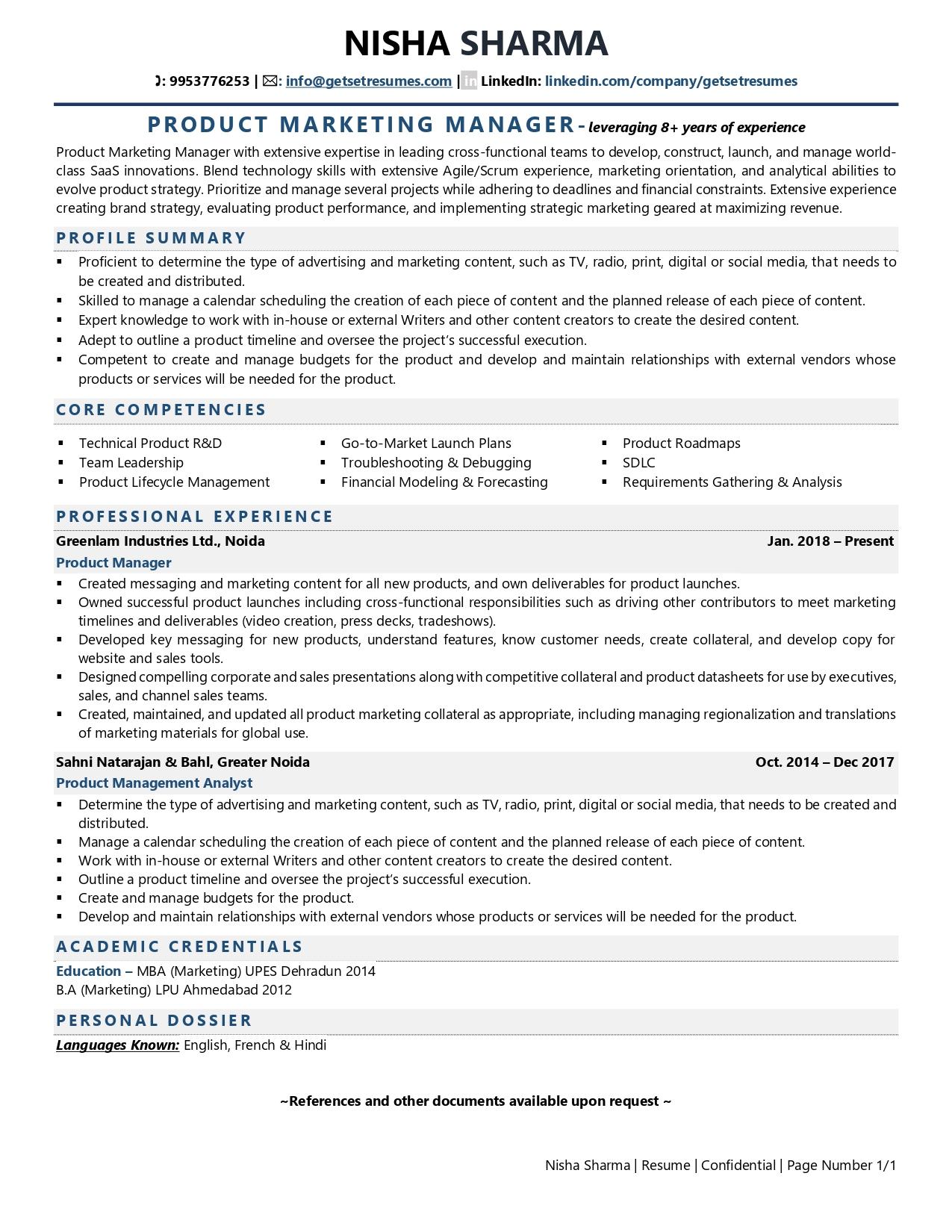 resume sample product manager