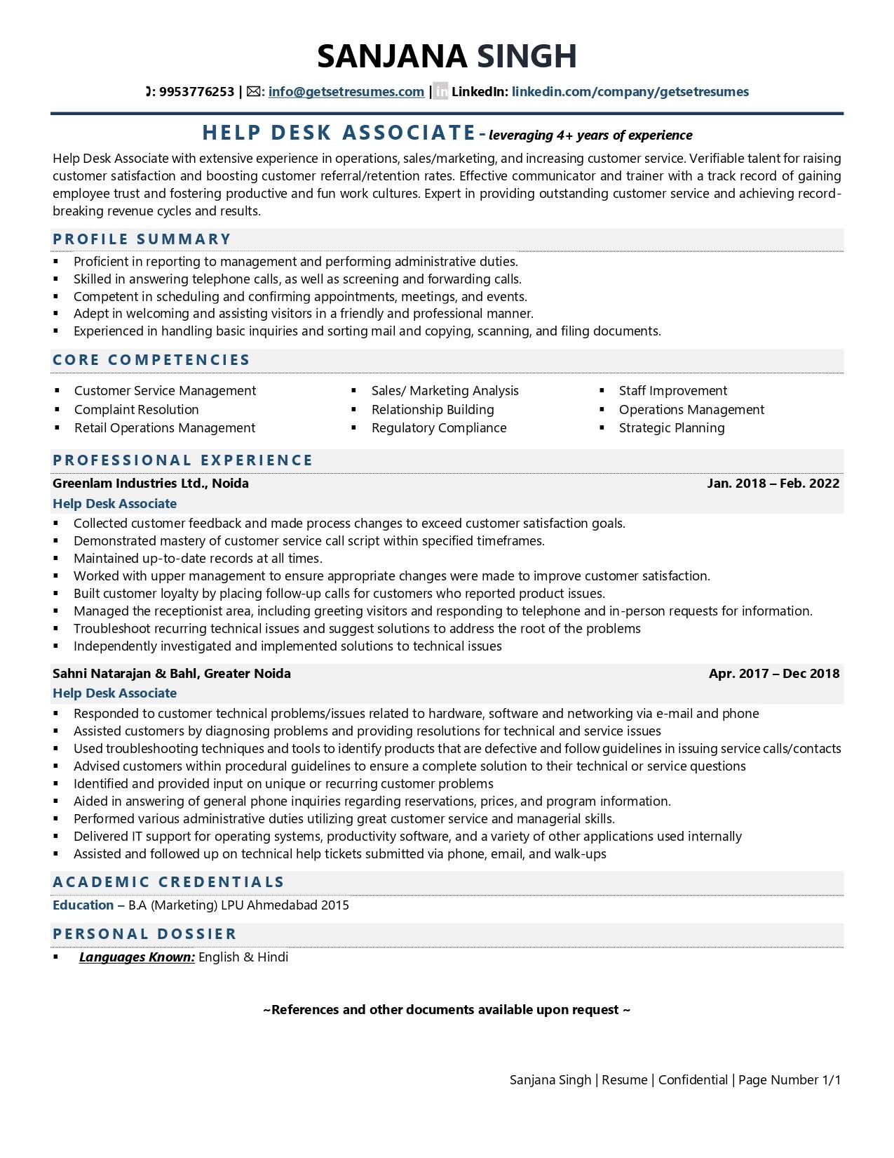 help desk call center resume
