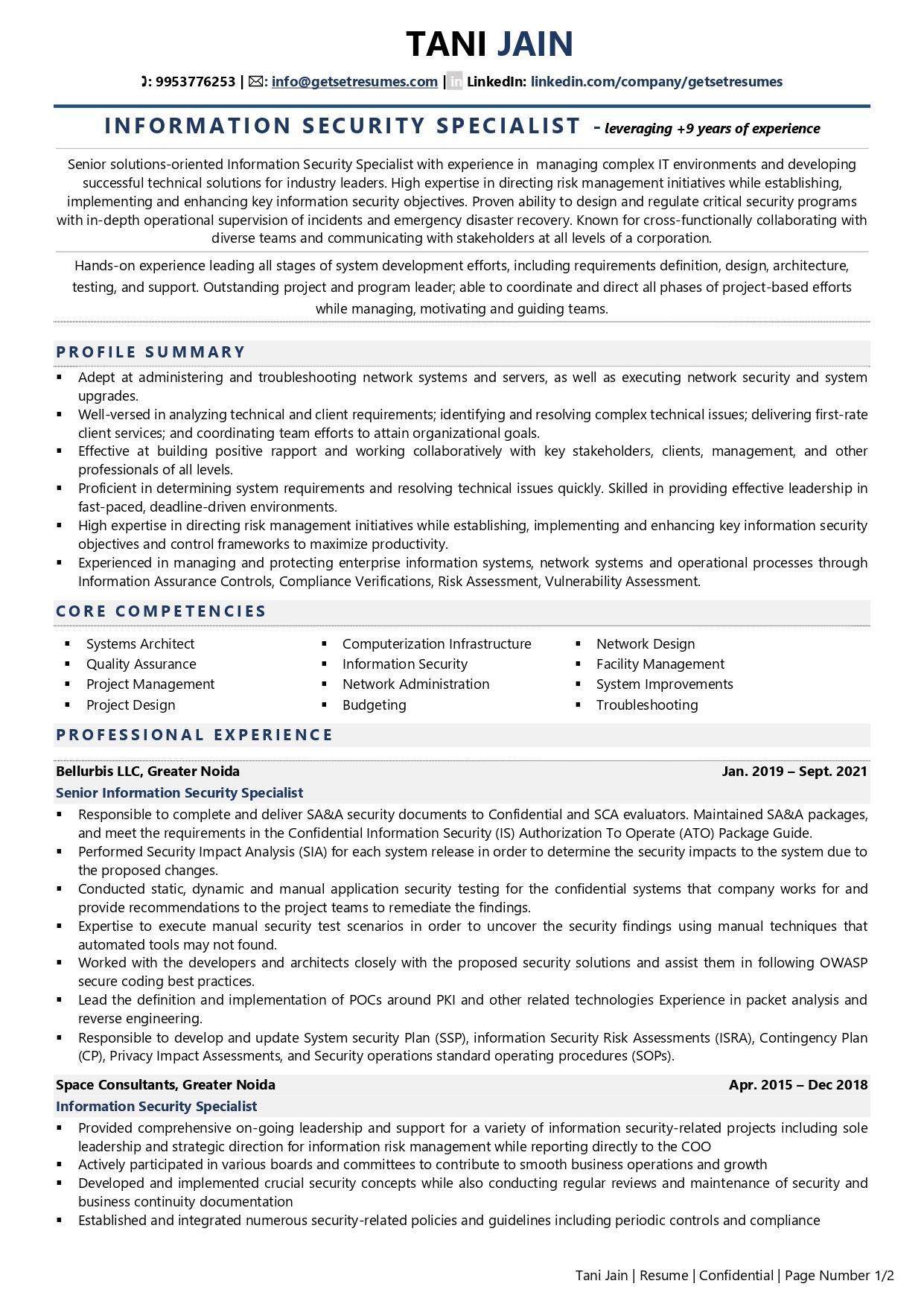 Information Security Specialist Resume Examples Template with Job 