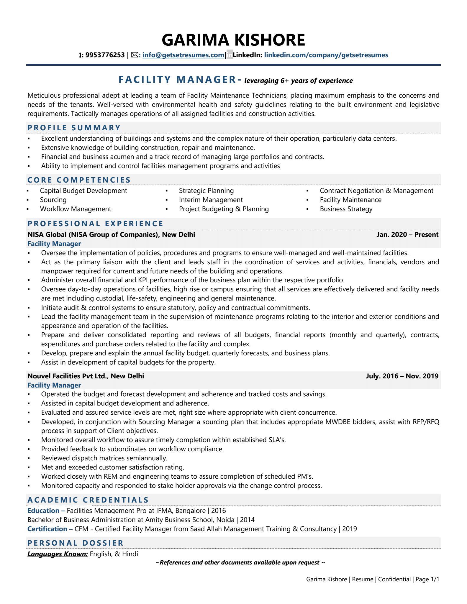 resume sample for facility manager