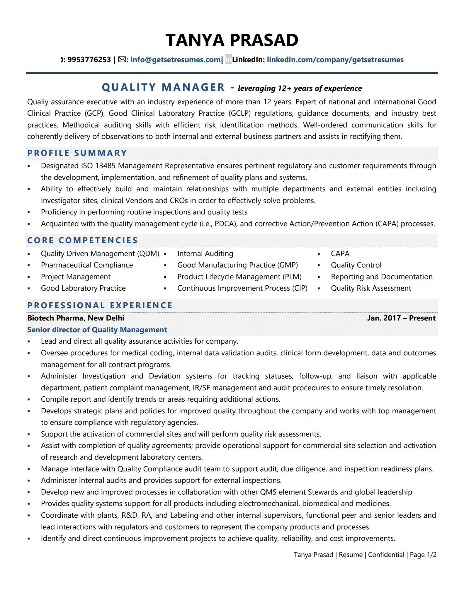 resume format for qa officer in pharma