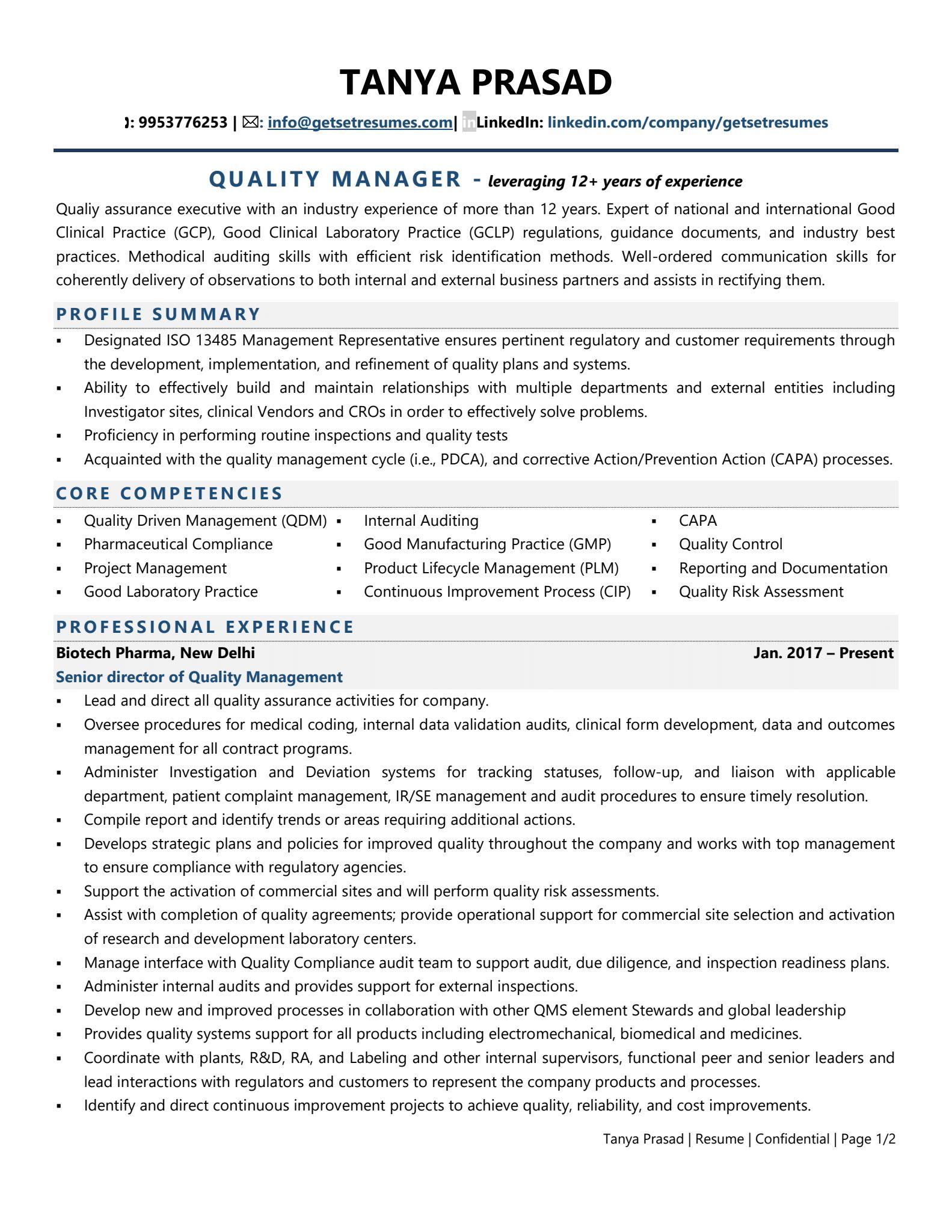 Quality Manager Pharma Resume Examples Template with Job Winning Tips 