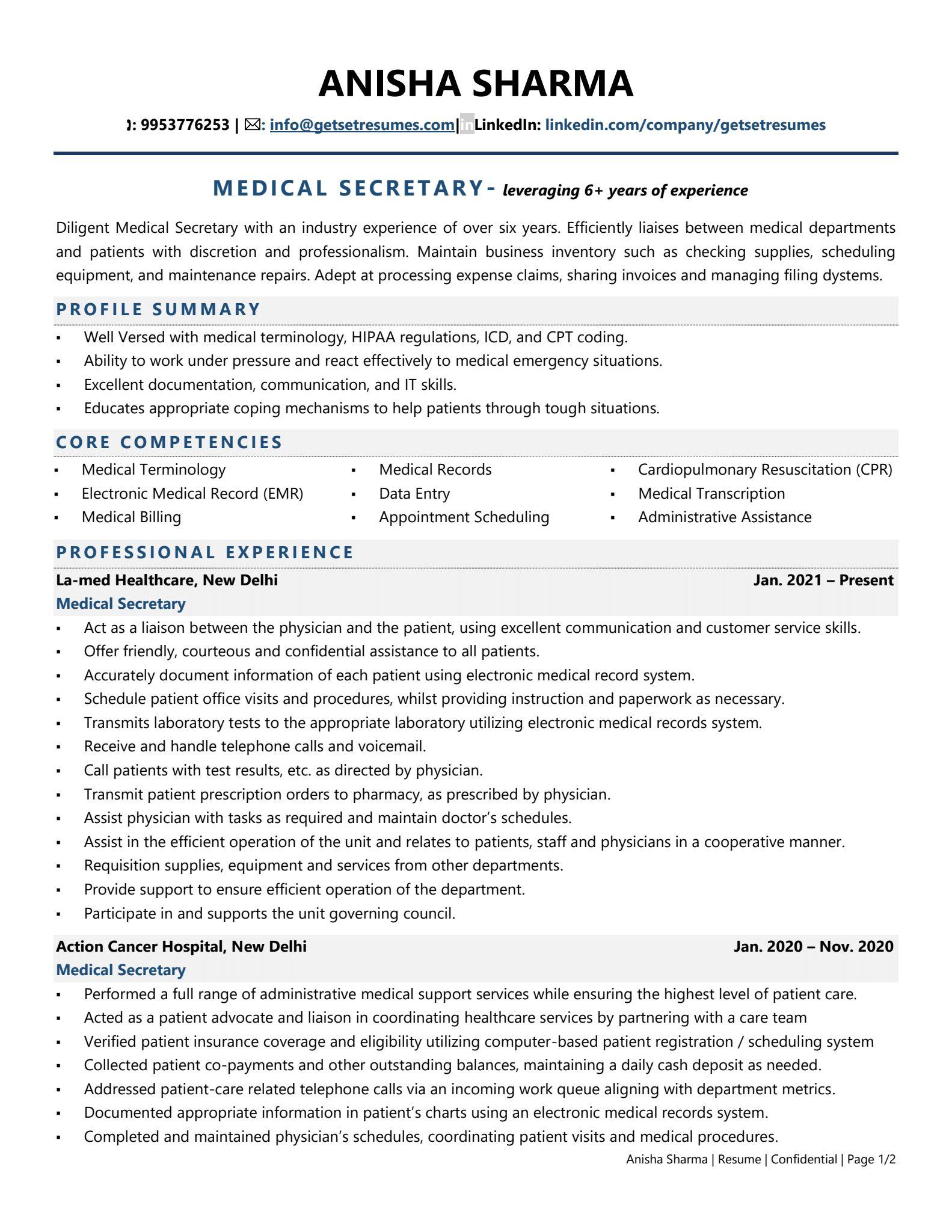 medical secretary job description for resume