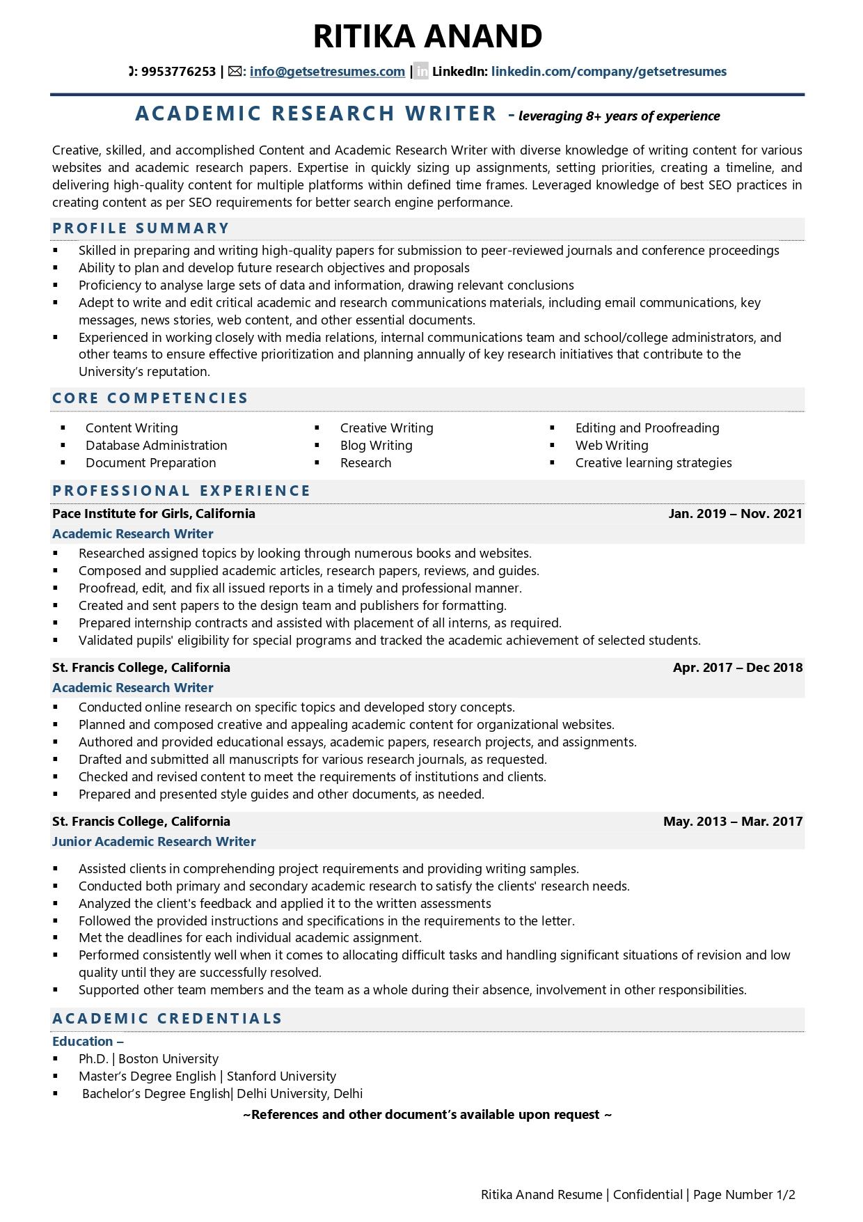 Academic Research Writer Resume Examples Template (with job winning tips)