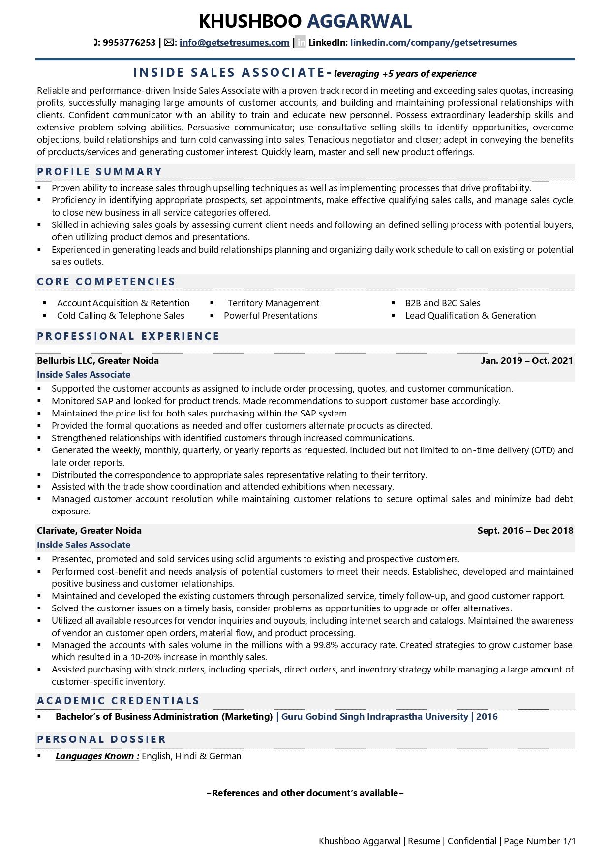 inside sales associate job description for resume