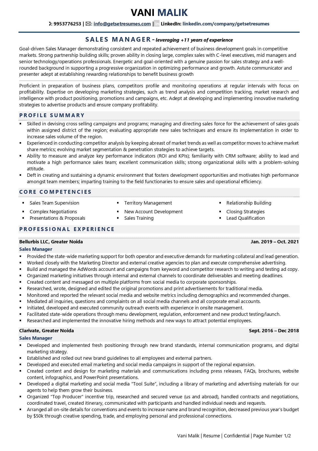 Sales Manager Resume Template Word Free