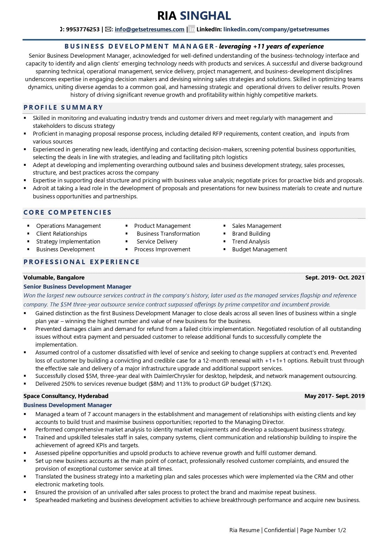 resume sample business development manager