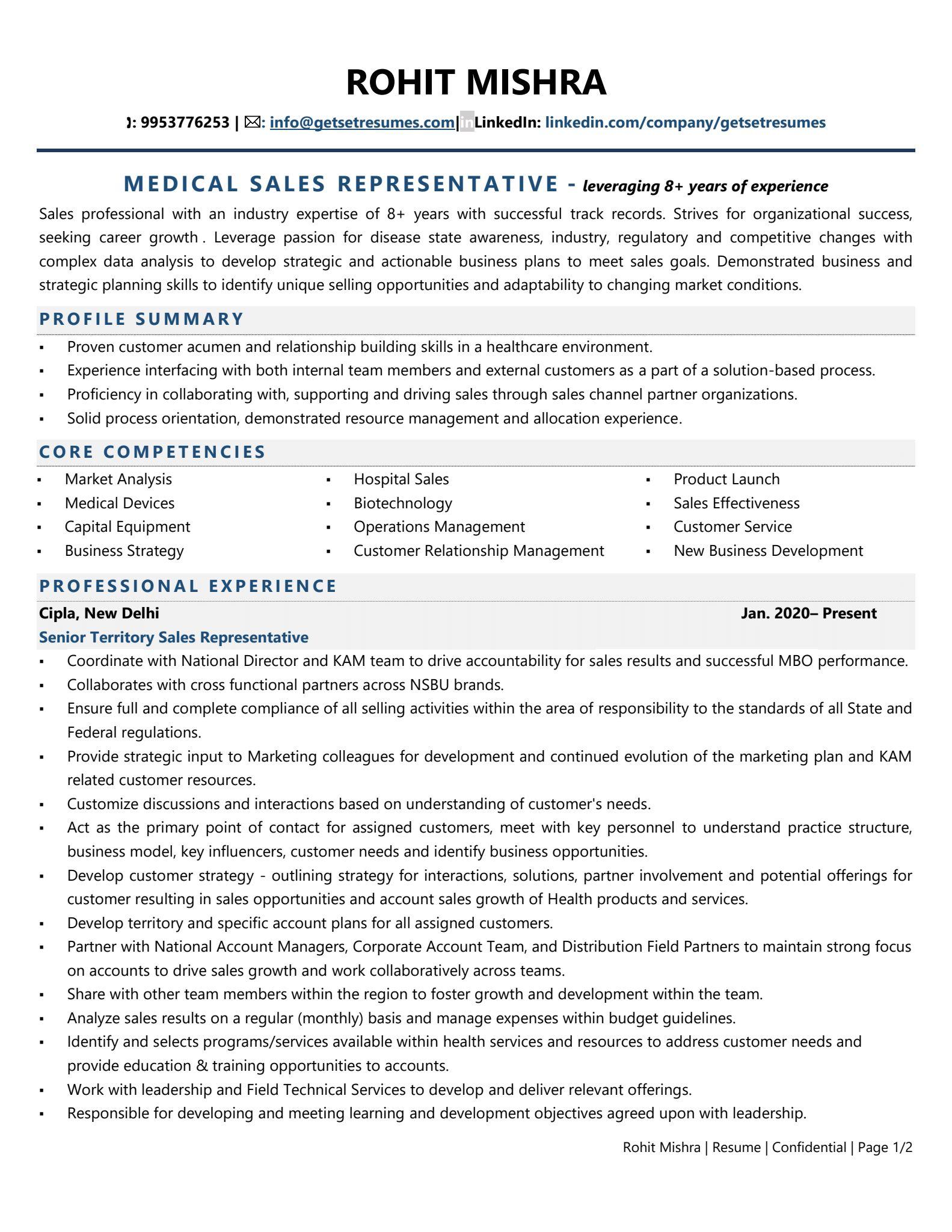 medical sales resume summary