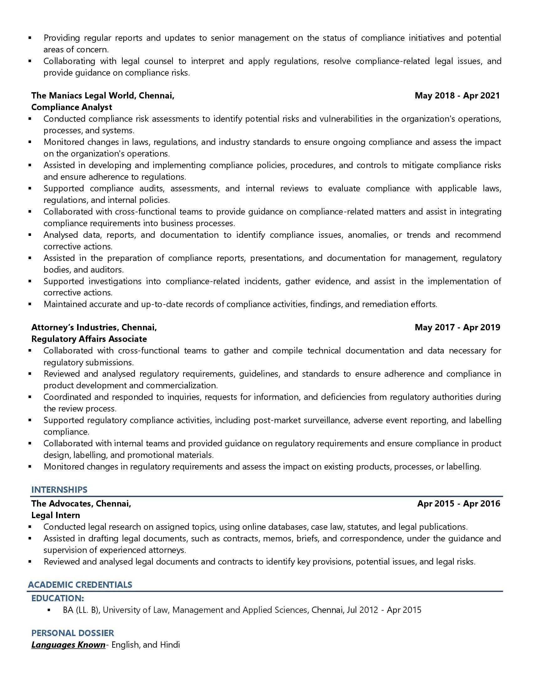 Regulatory Compliance Manager Resume Examples Template with Job 