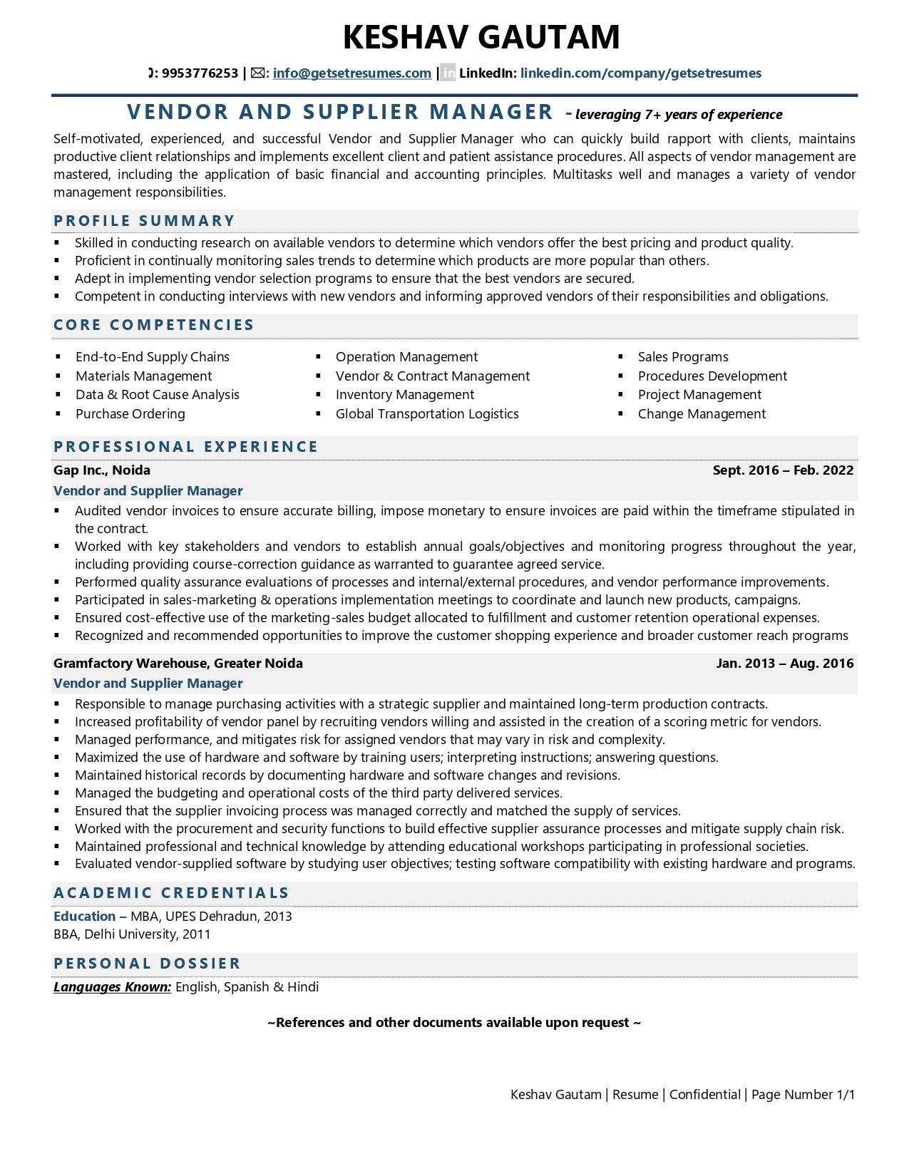 Vendor Supplier Manager Resume Examples Template with Job Winning 