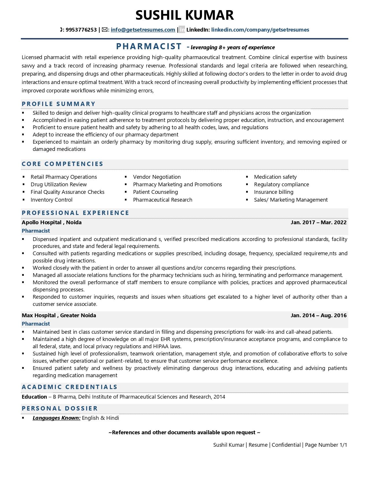 Resume Format For Pharmacist Circuitodelasuerte - Riset