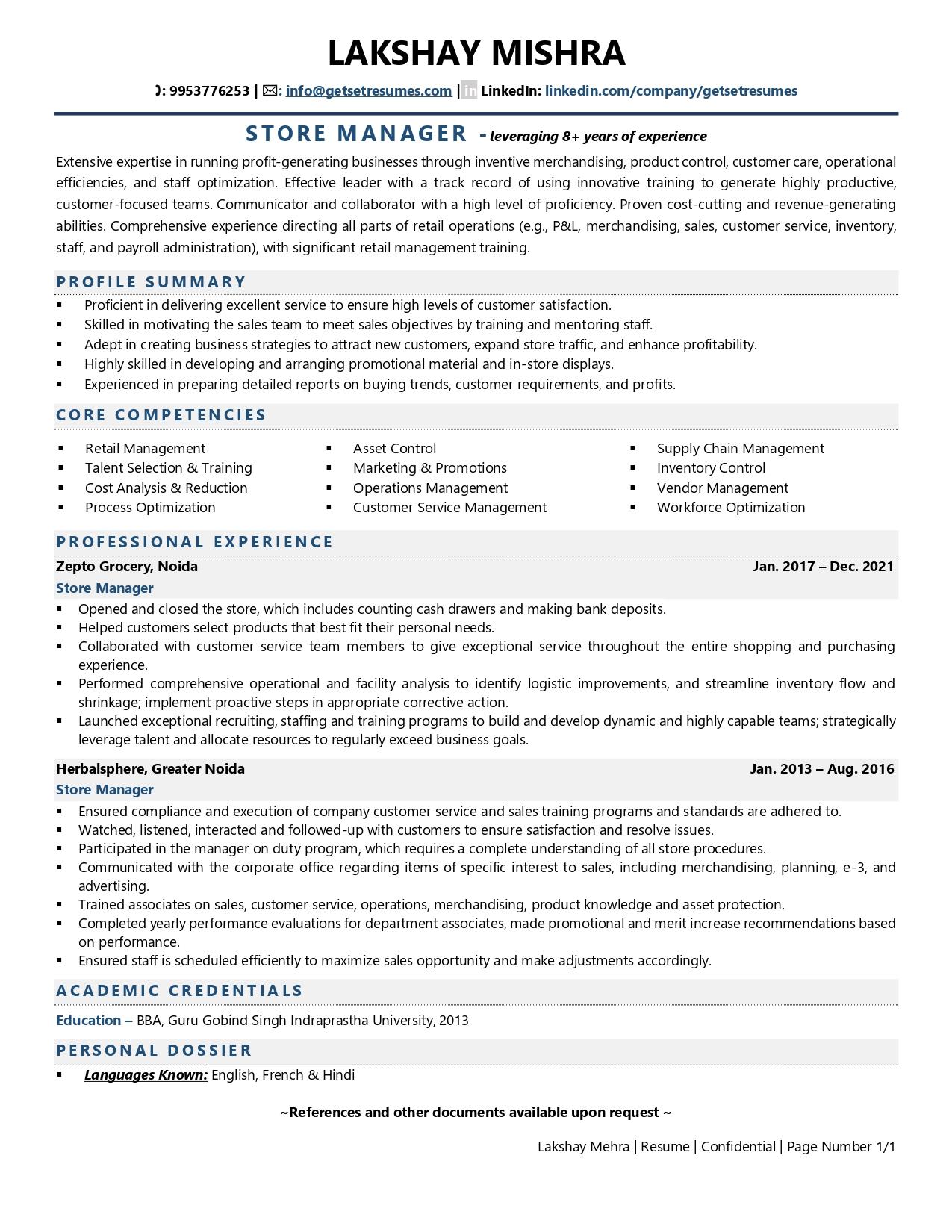 Store Manager - Resume Example & Template