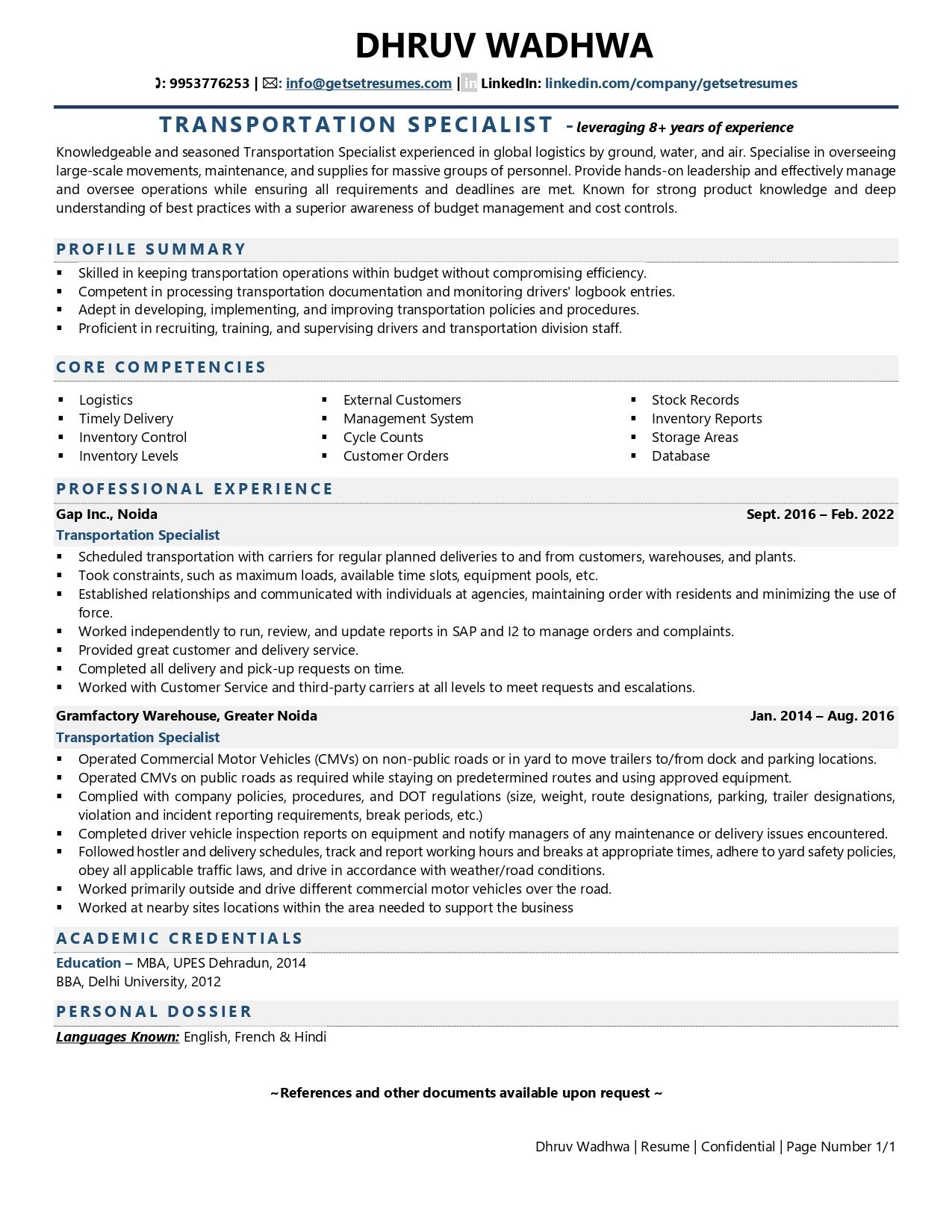 Transportation Specialist Resume Examples Template with Job Winning 