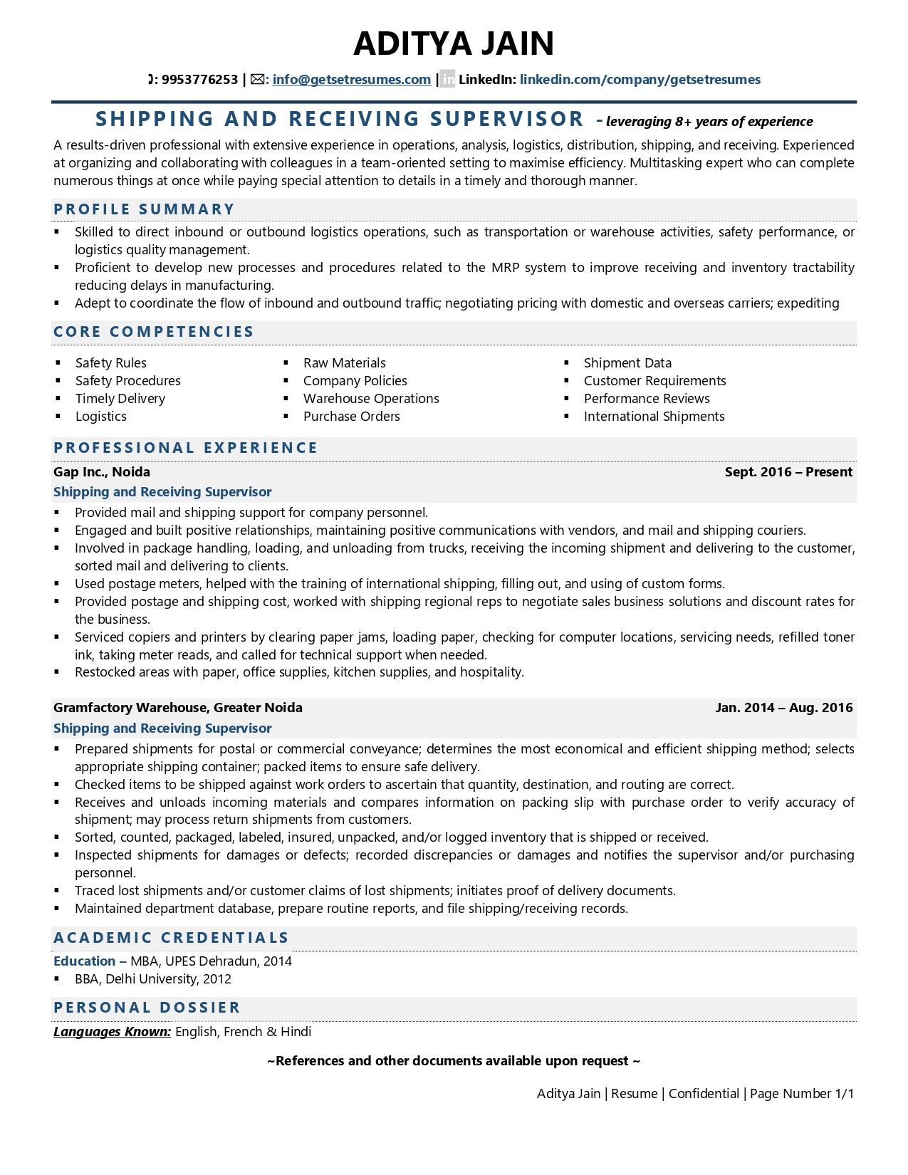 Shipping And Receiving Supervisor Resume Examples Template with Job 