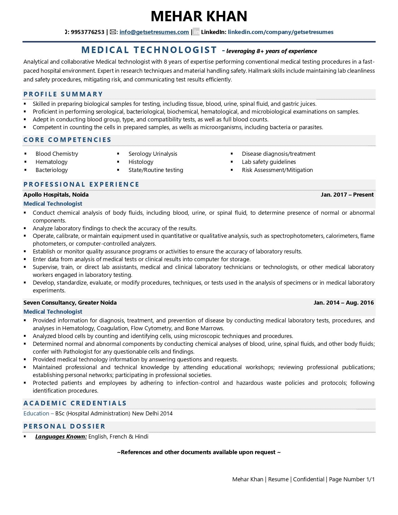 Medical Technologist Resume Examples Template (with job winning tips)
