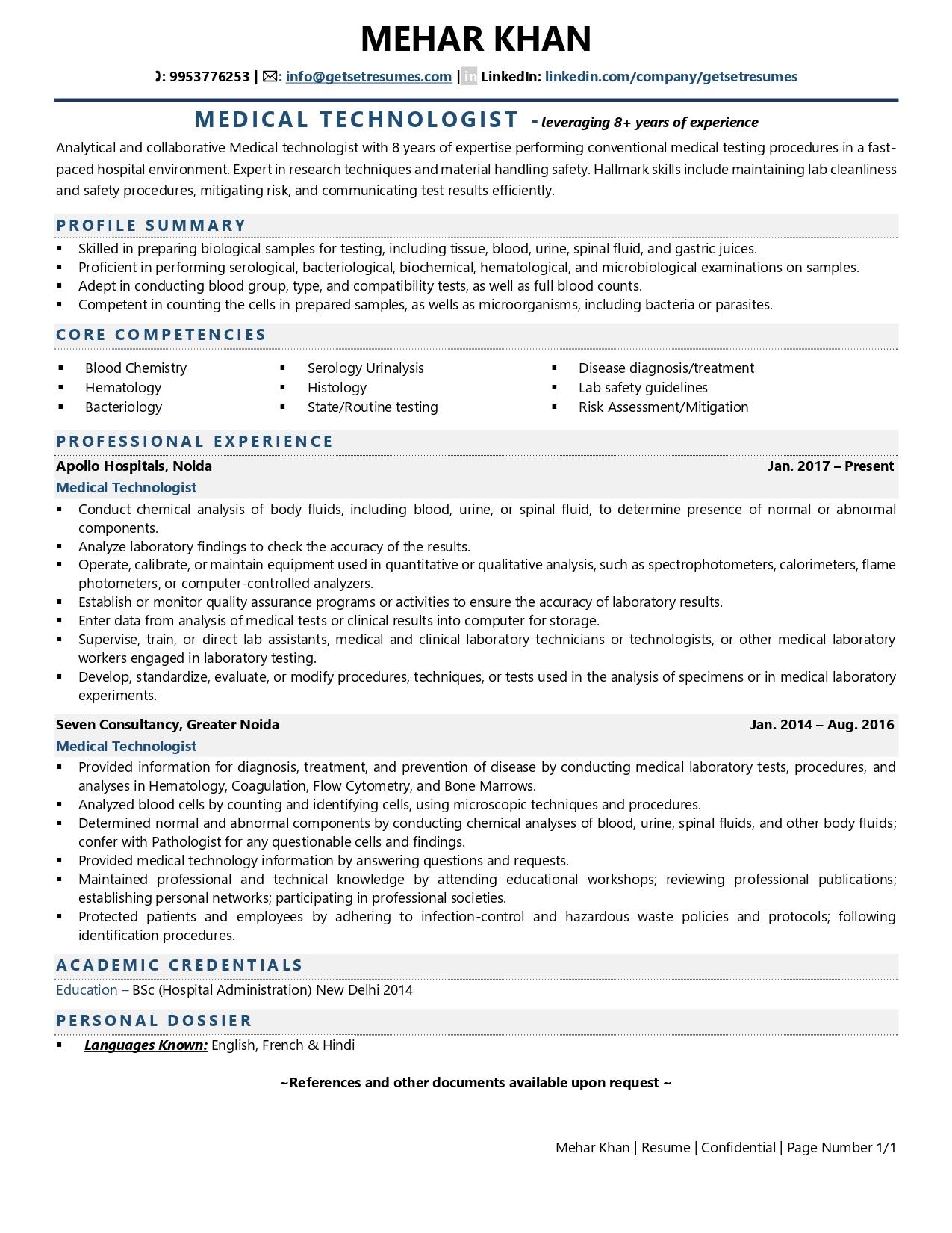 Medical Technologist Resume Examples Template with Job Winning Tips 