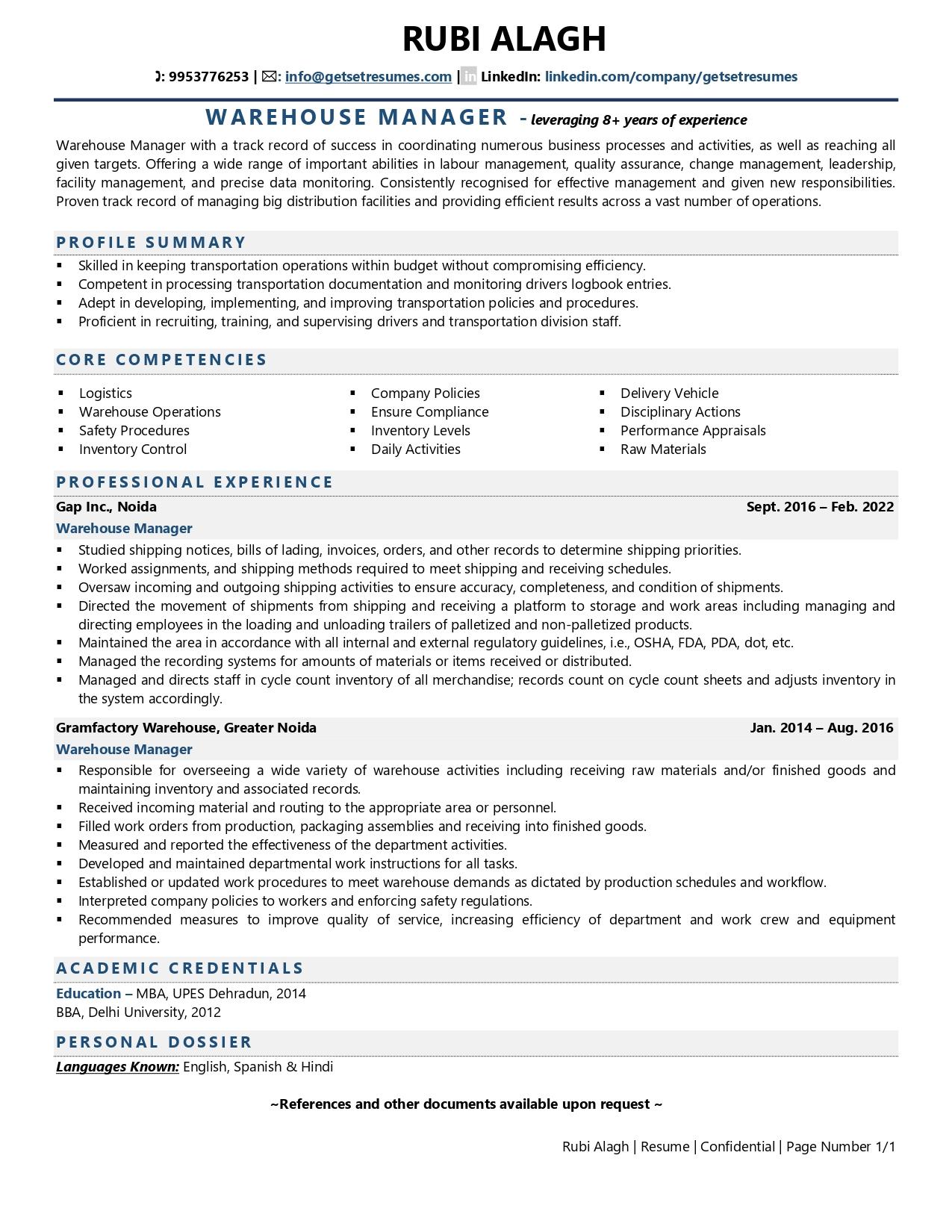 Warehouse Manager Resume Template