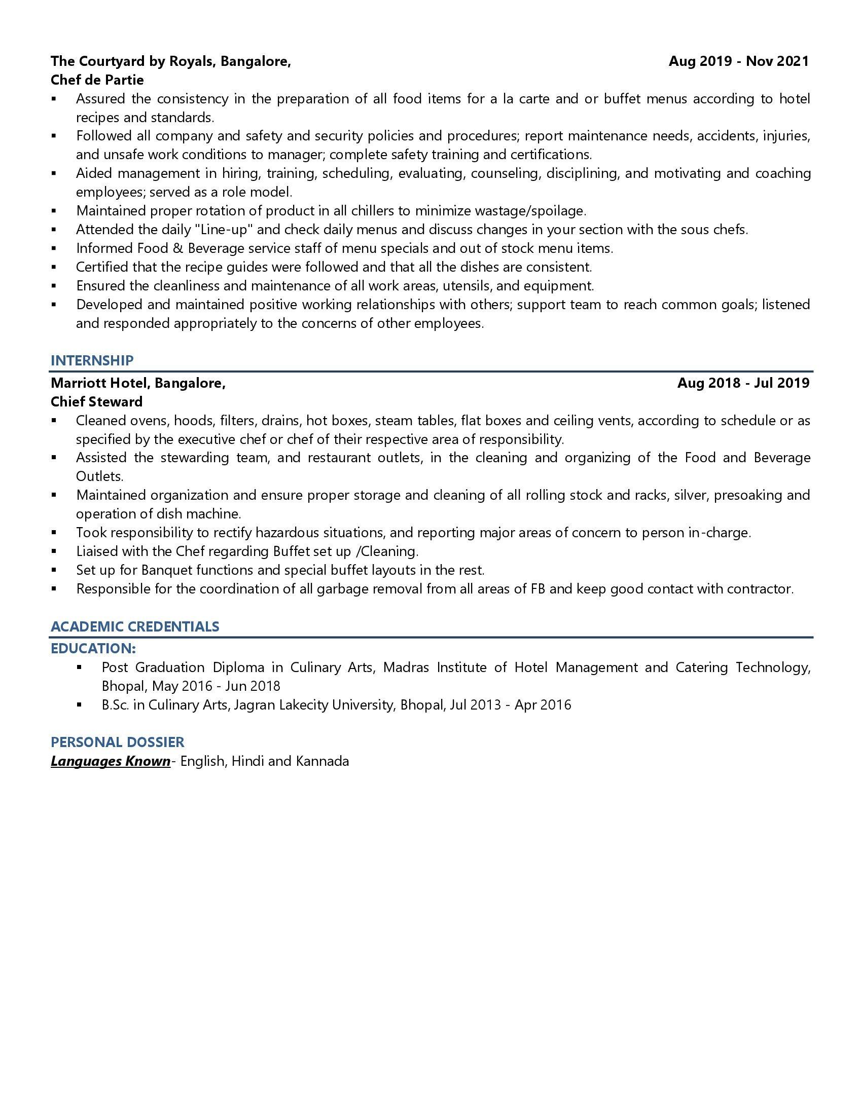 Sous Chef - Resume Example & Template
