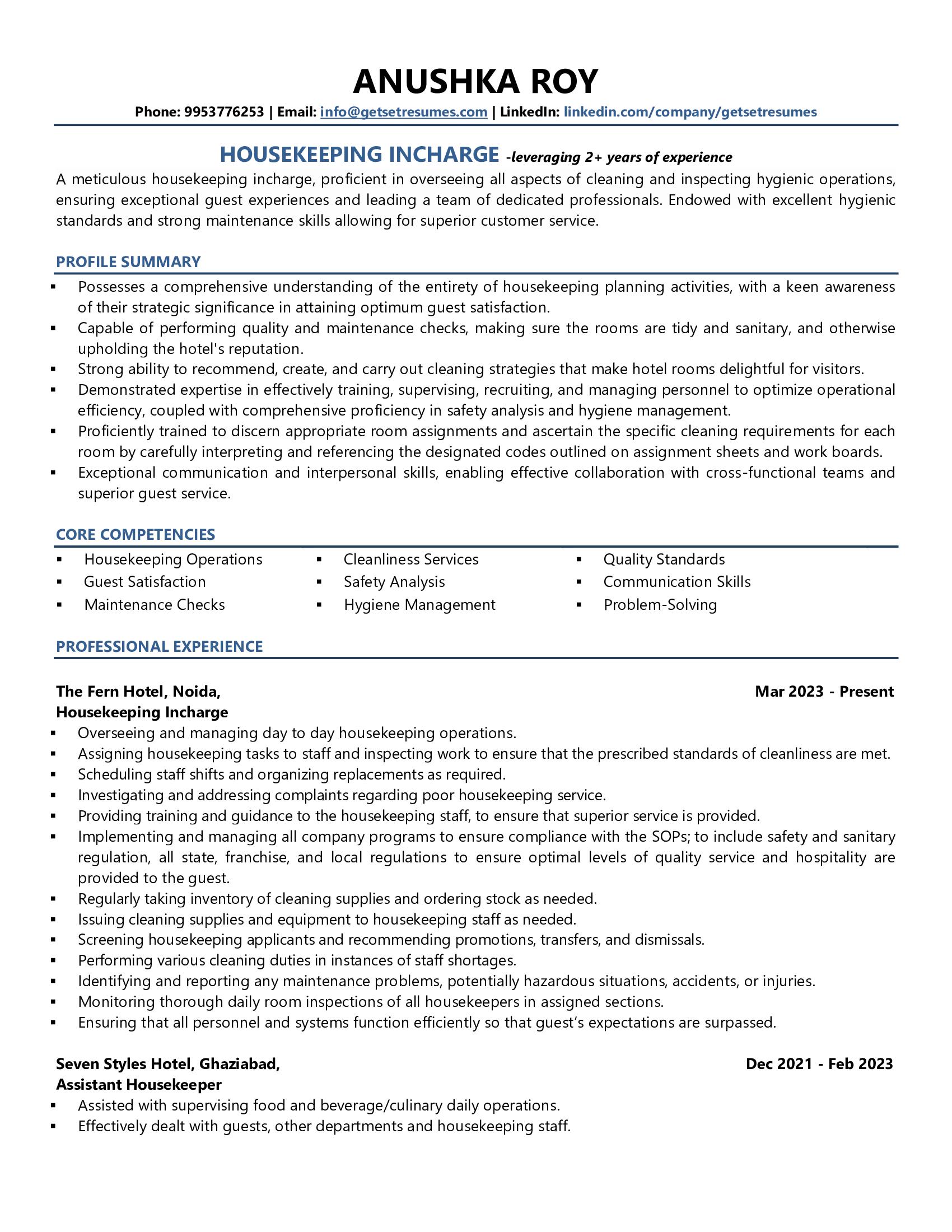 Housekeeping Incharge Resume Examples Template with Job Winning Tips 