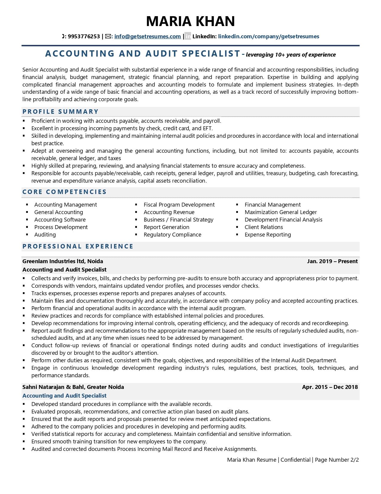 Accounting And Audit Specialist Resume Examples Template with Job 