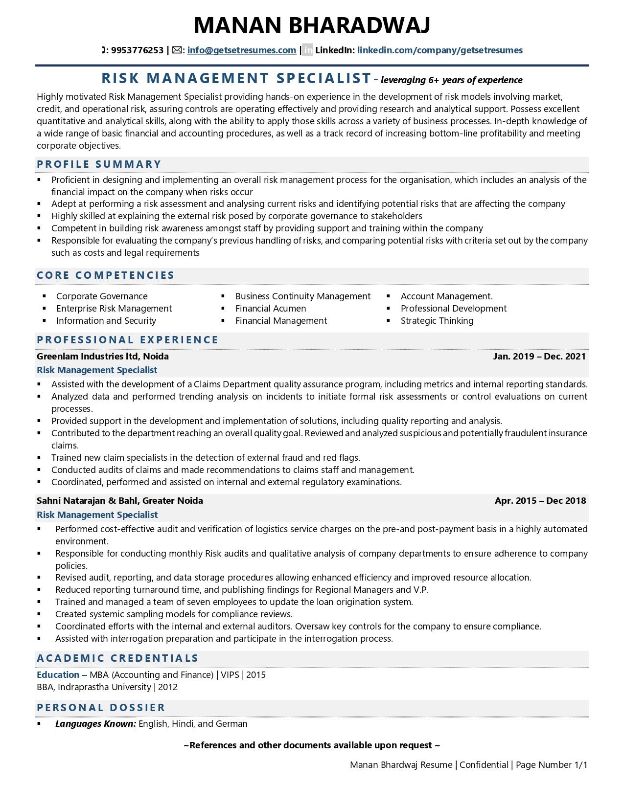 Risk Management Specialist Resume Examples Template with Job Winning 