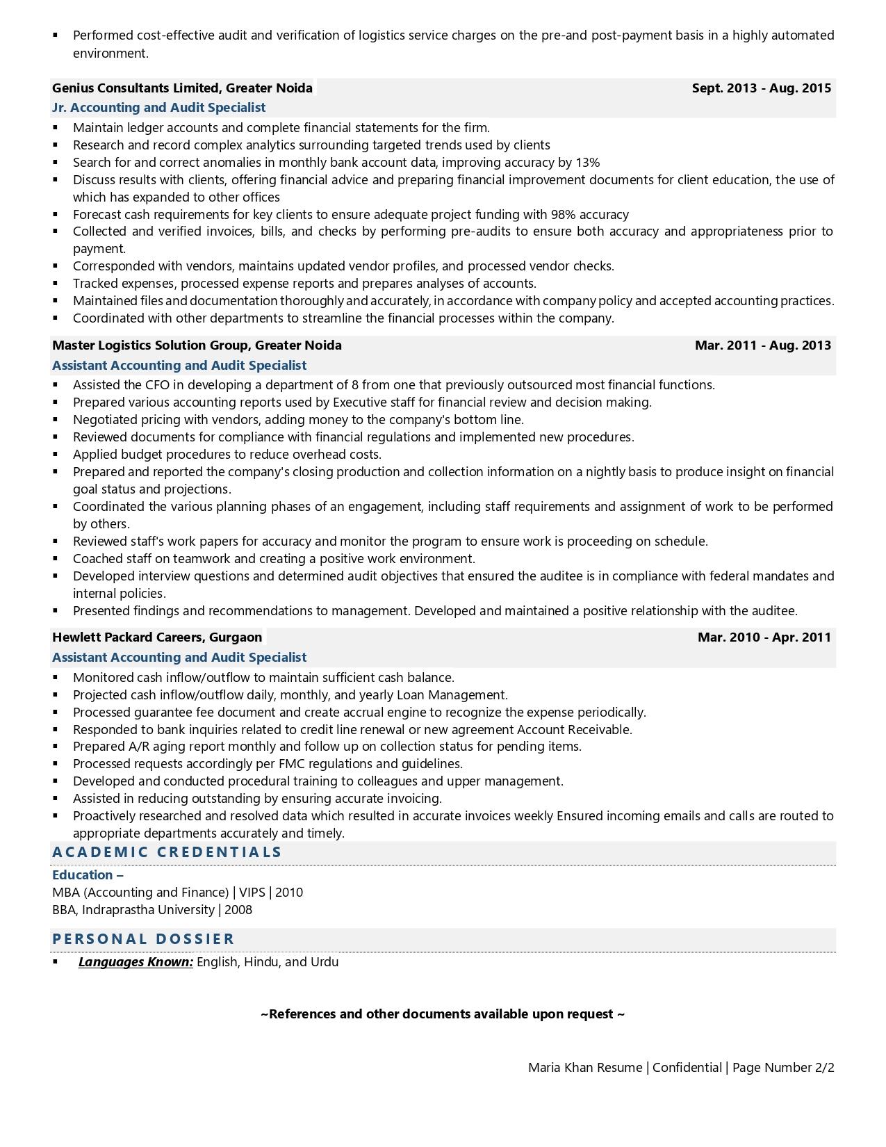 audit job description for resume