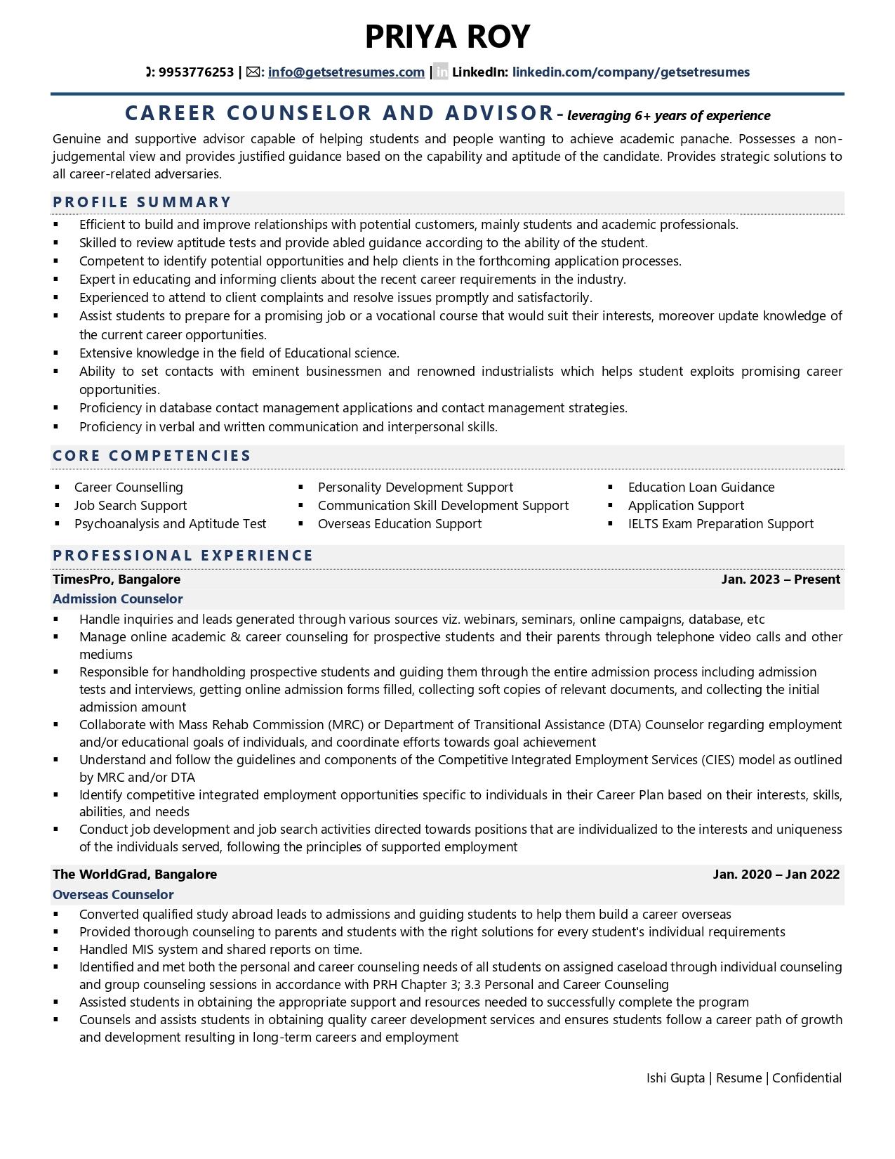Career Counselor and Advisor Resume Examples Template (with job