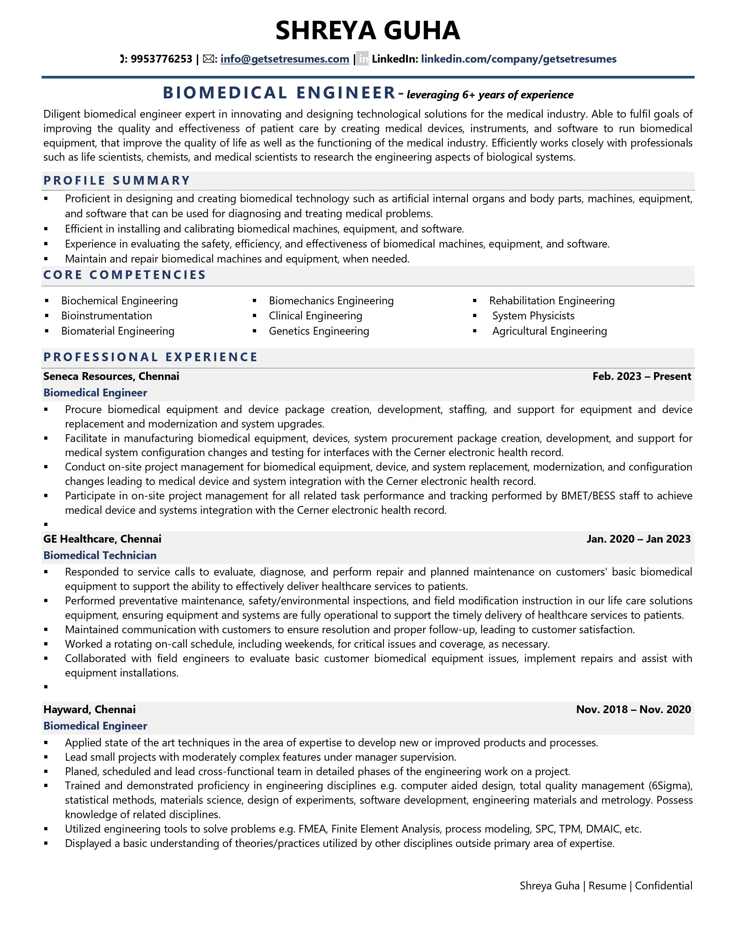 biomedical service engineer resume objective