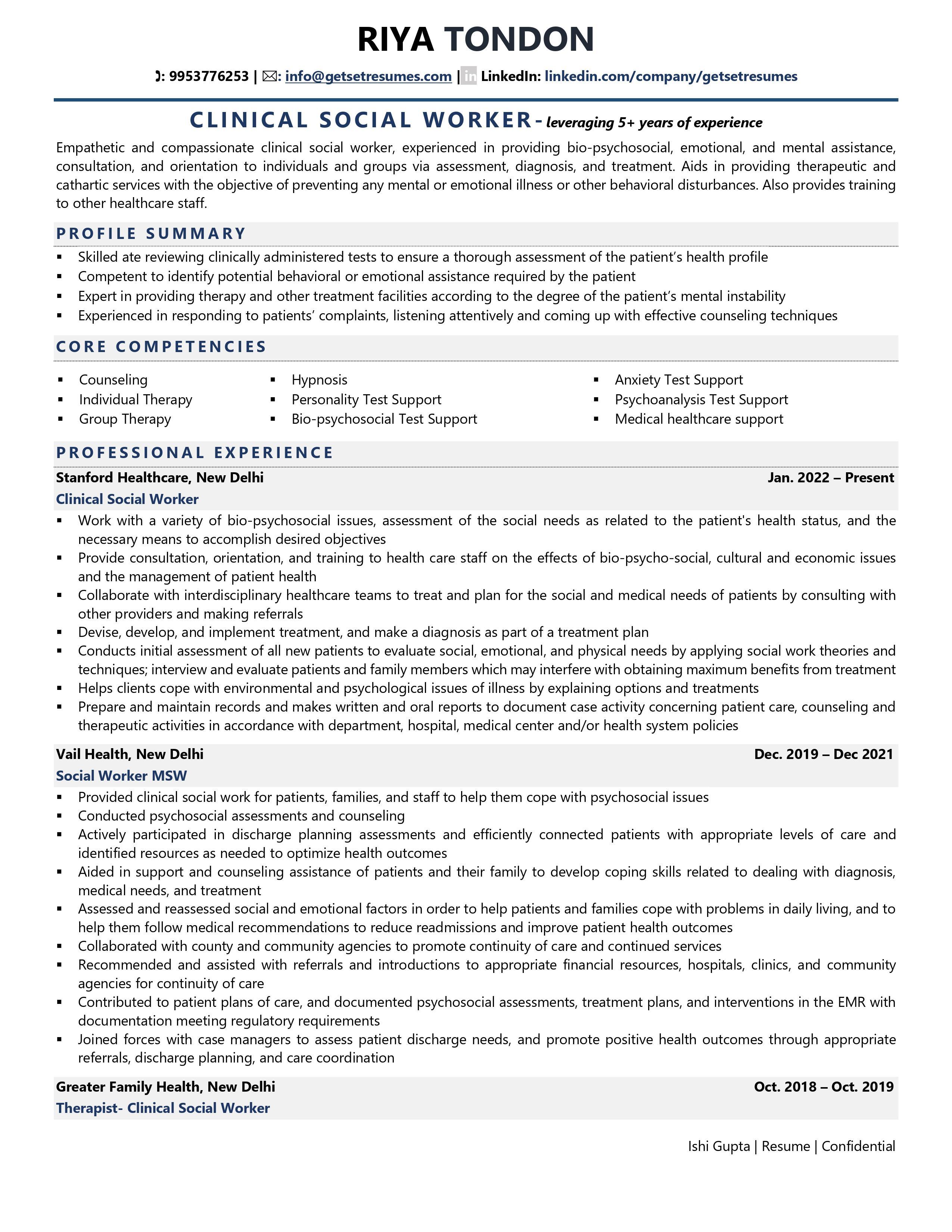 clinical social worker resume sample