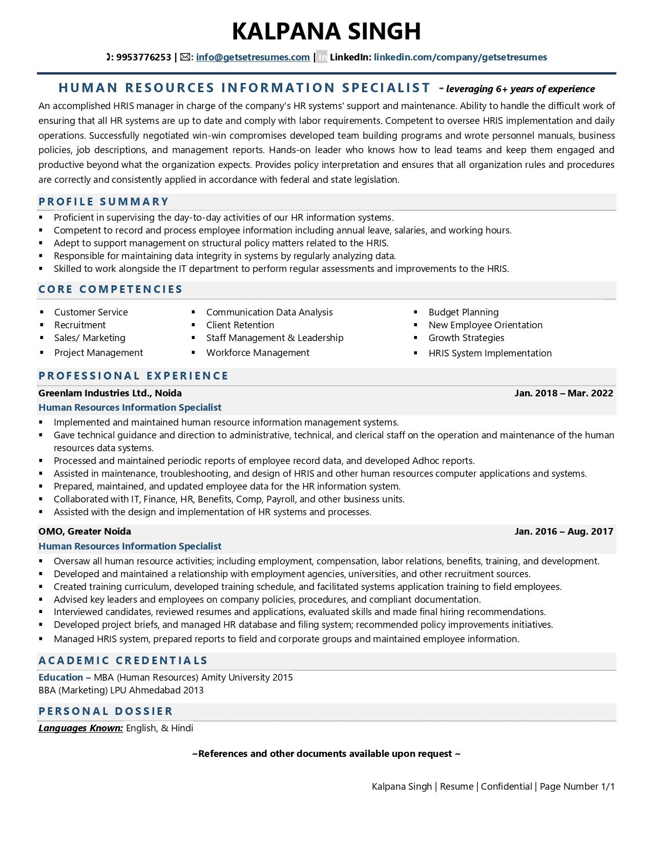 Human Resource Information Specialist Resume Examples Template with 