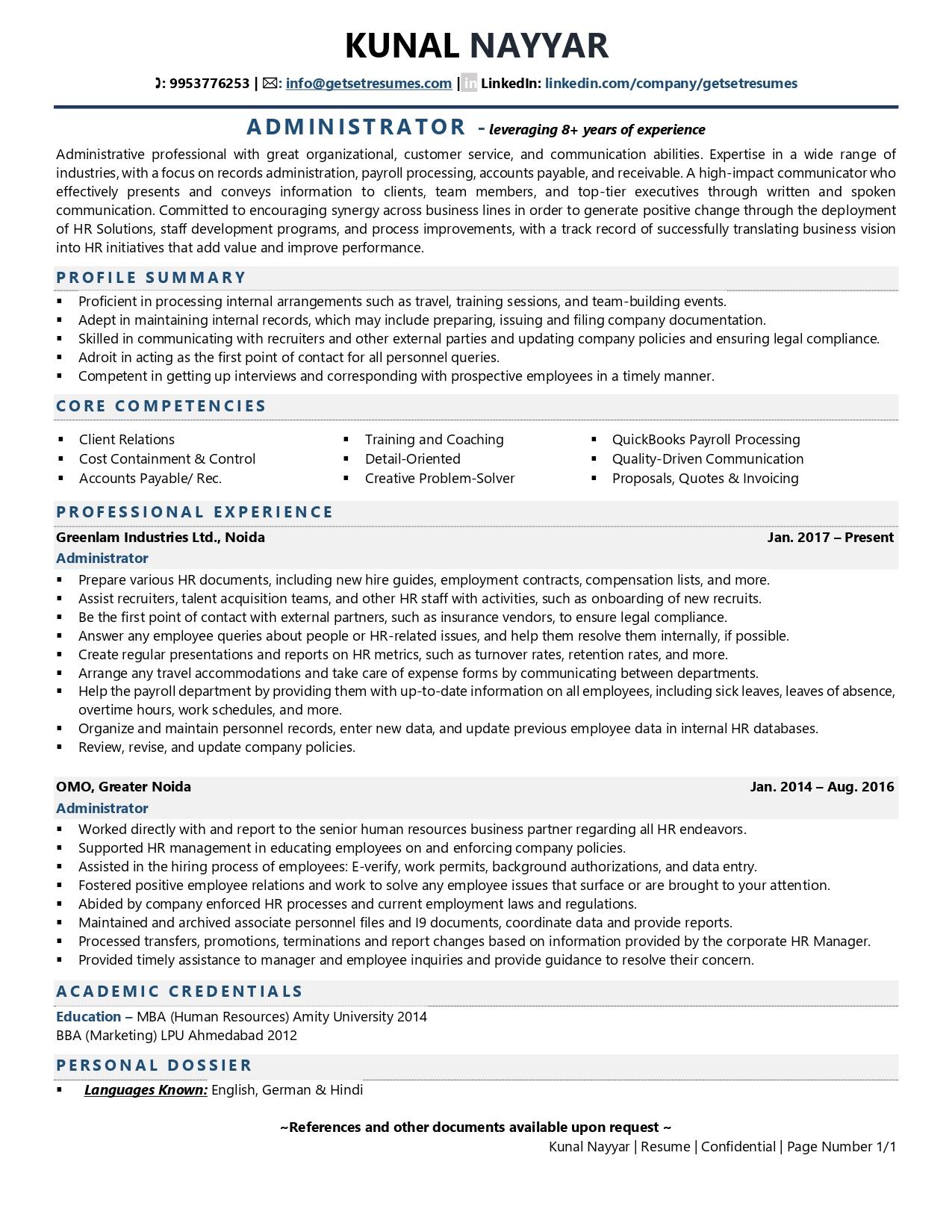 resume examples for administration