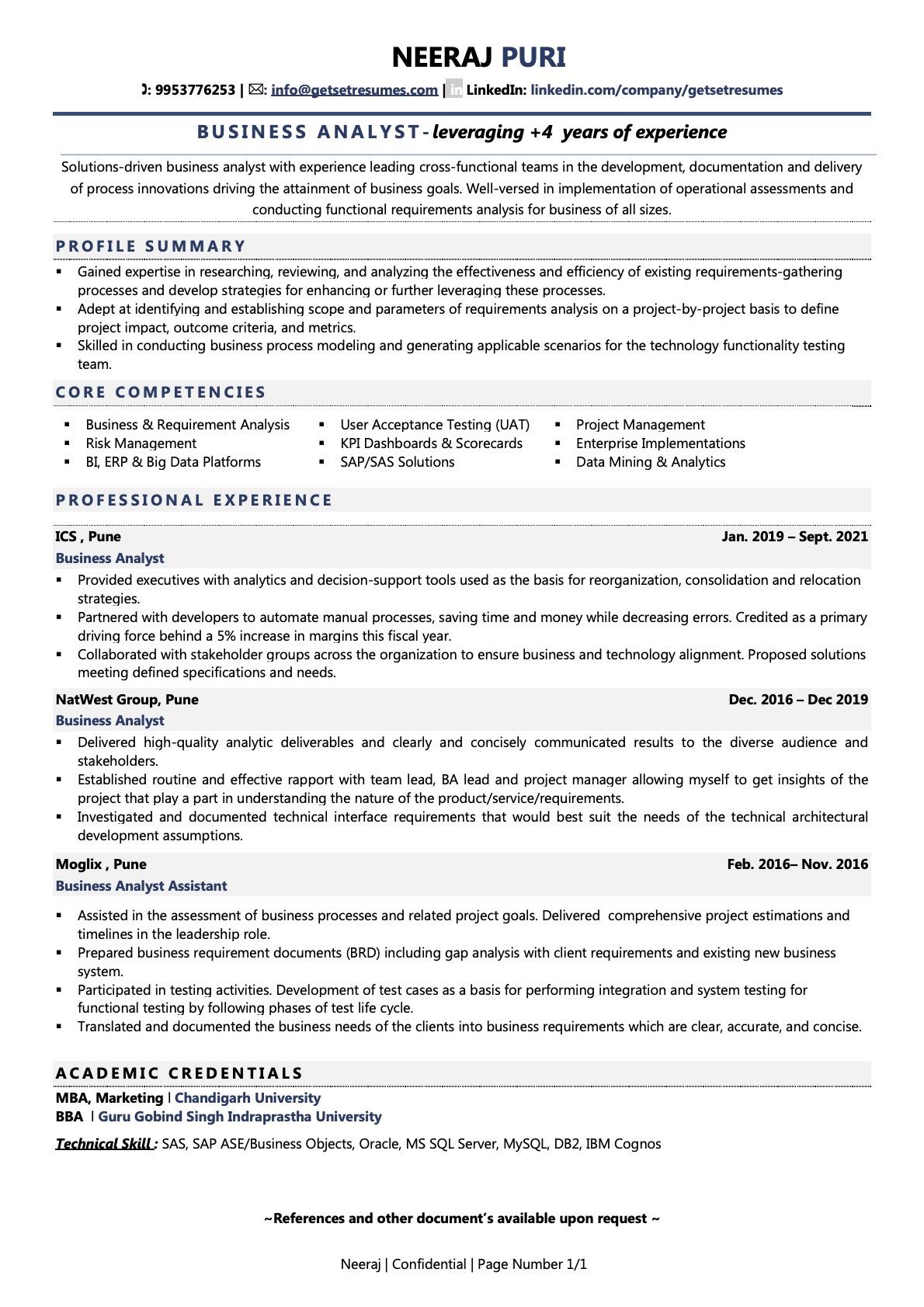 sample resume of business analyst in it industry