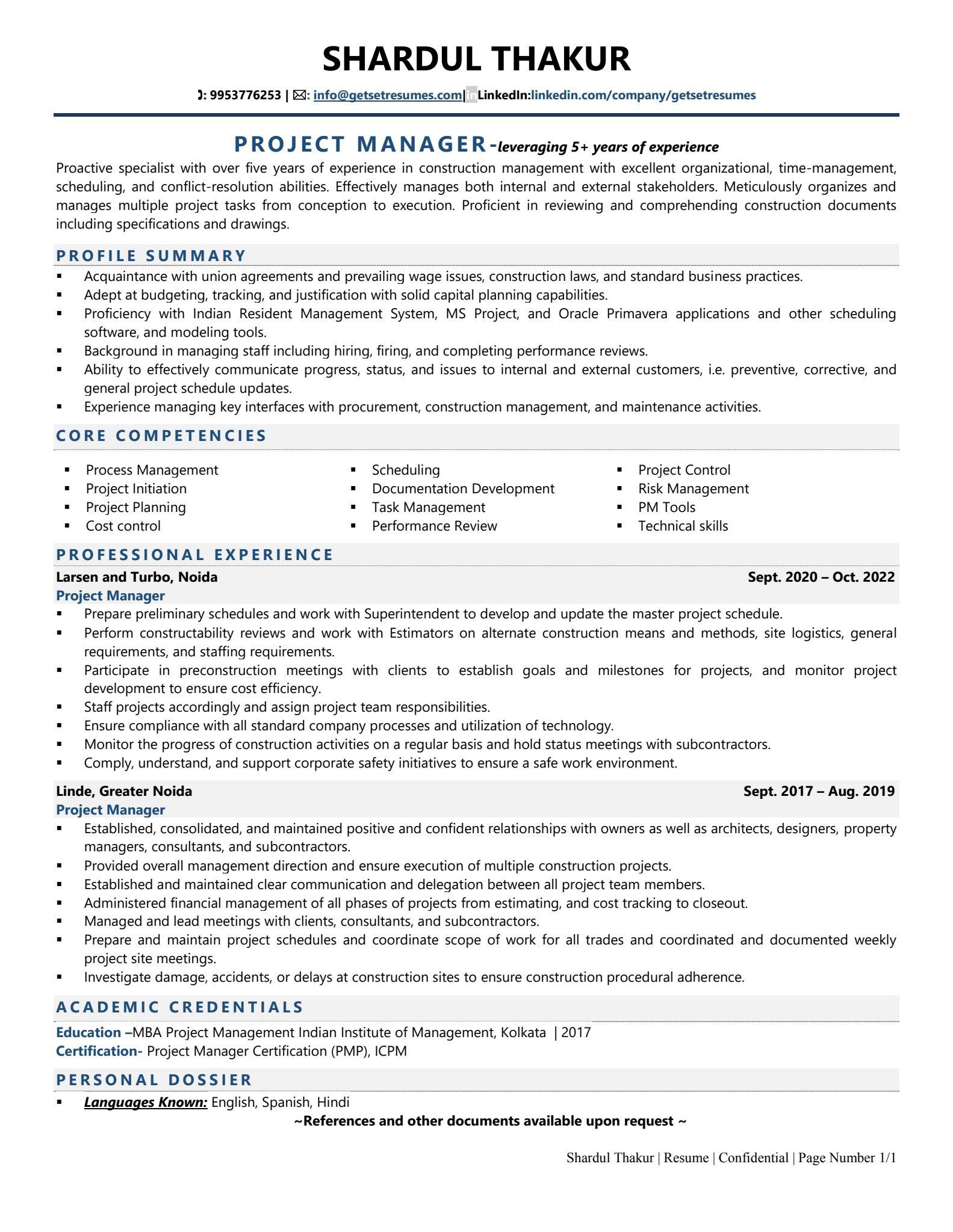 resume for project manager