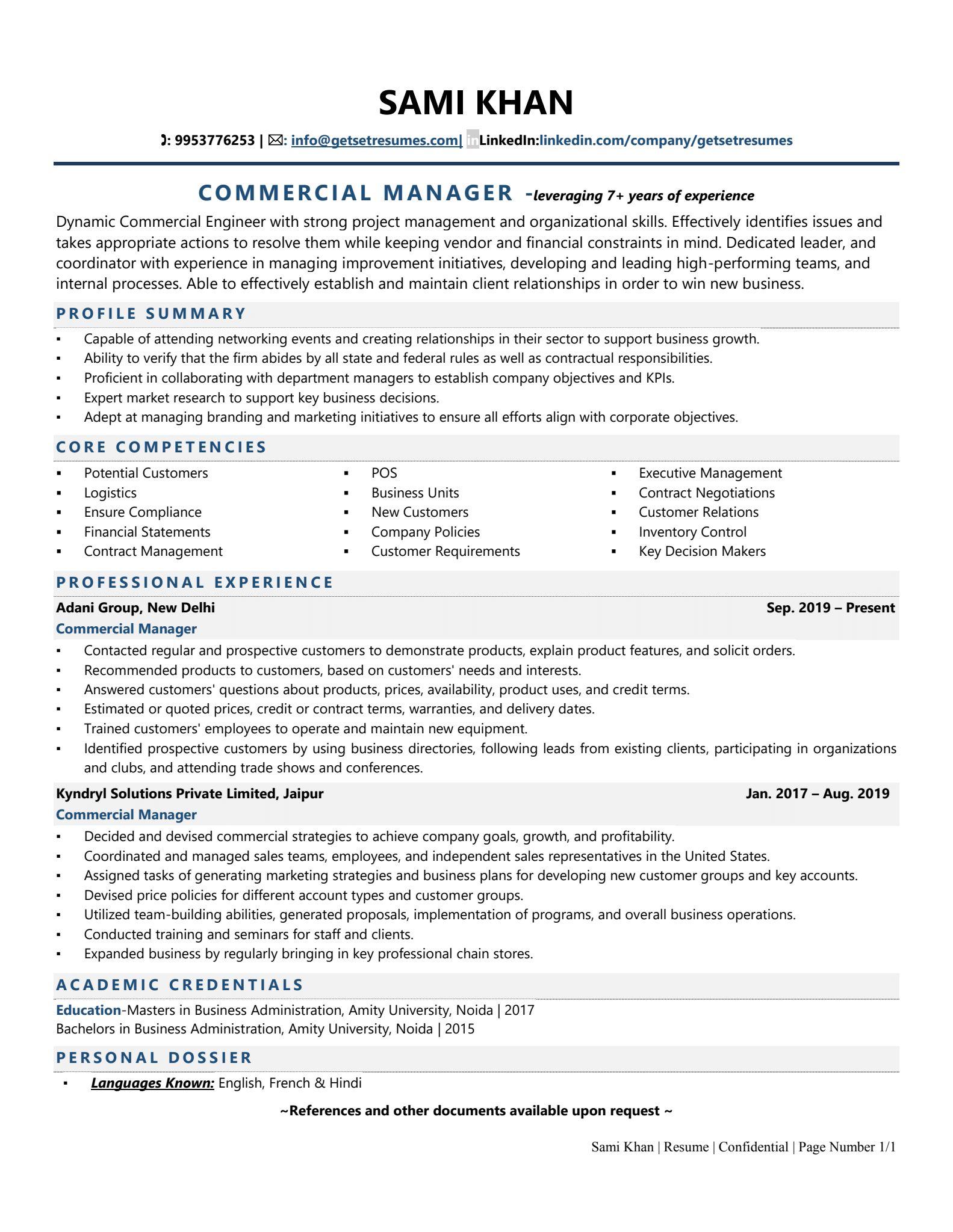 resume format for manager job