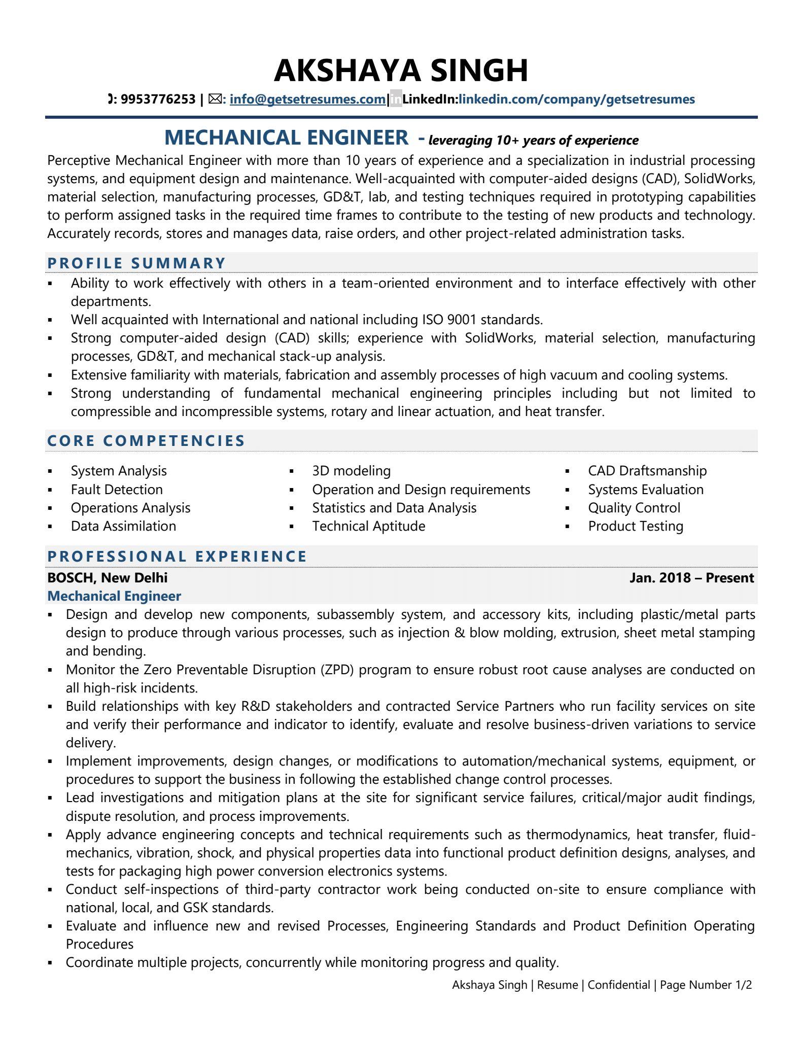 resume format for experienced mechanical engineer doc