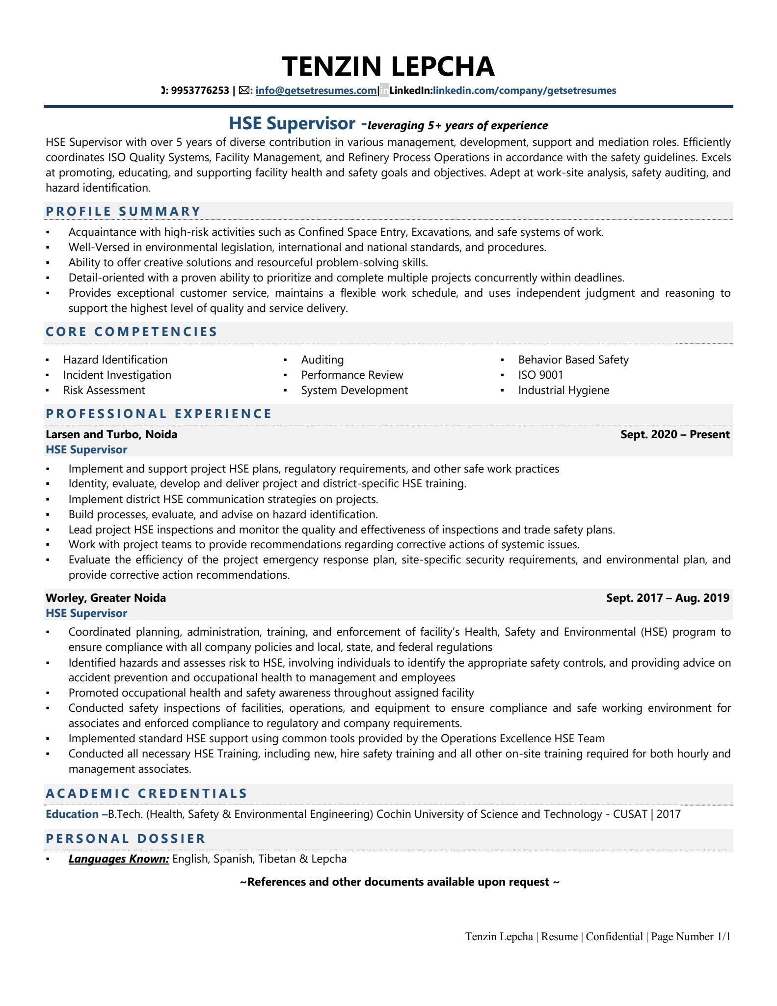 Health Safety And Environment Supervisor Resume Examples Template 