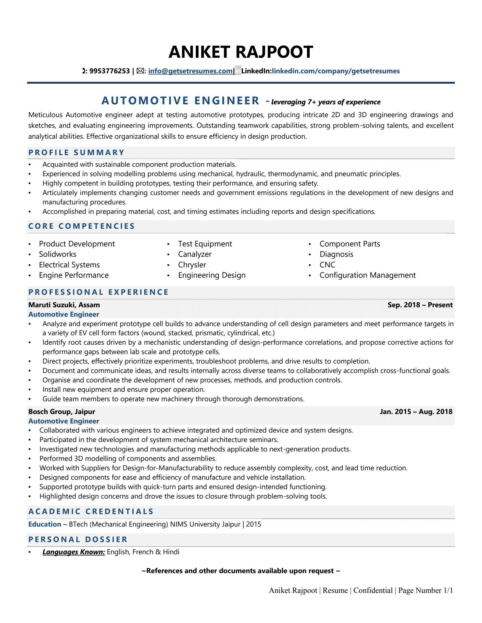 automotive service technician resume model