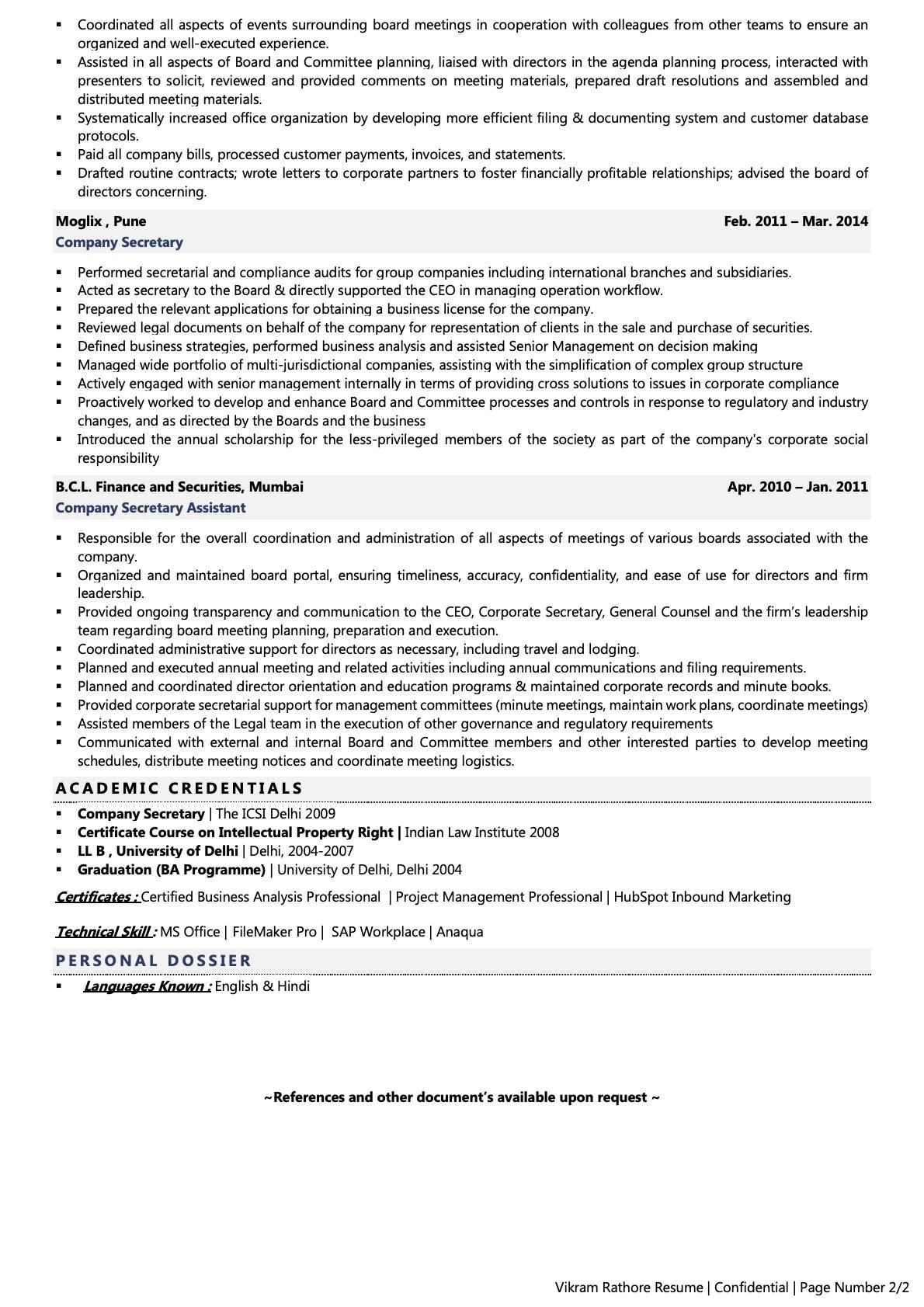 Company Secretary - Resume Example & Template