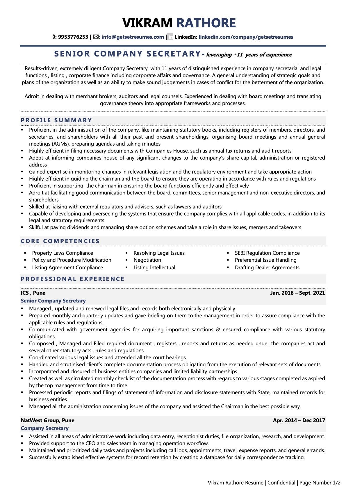 Company Secretary Resume Examples Template with Job Winning Tips 