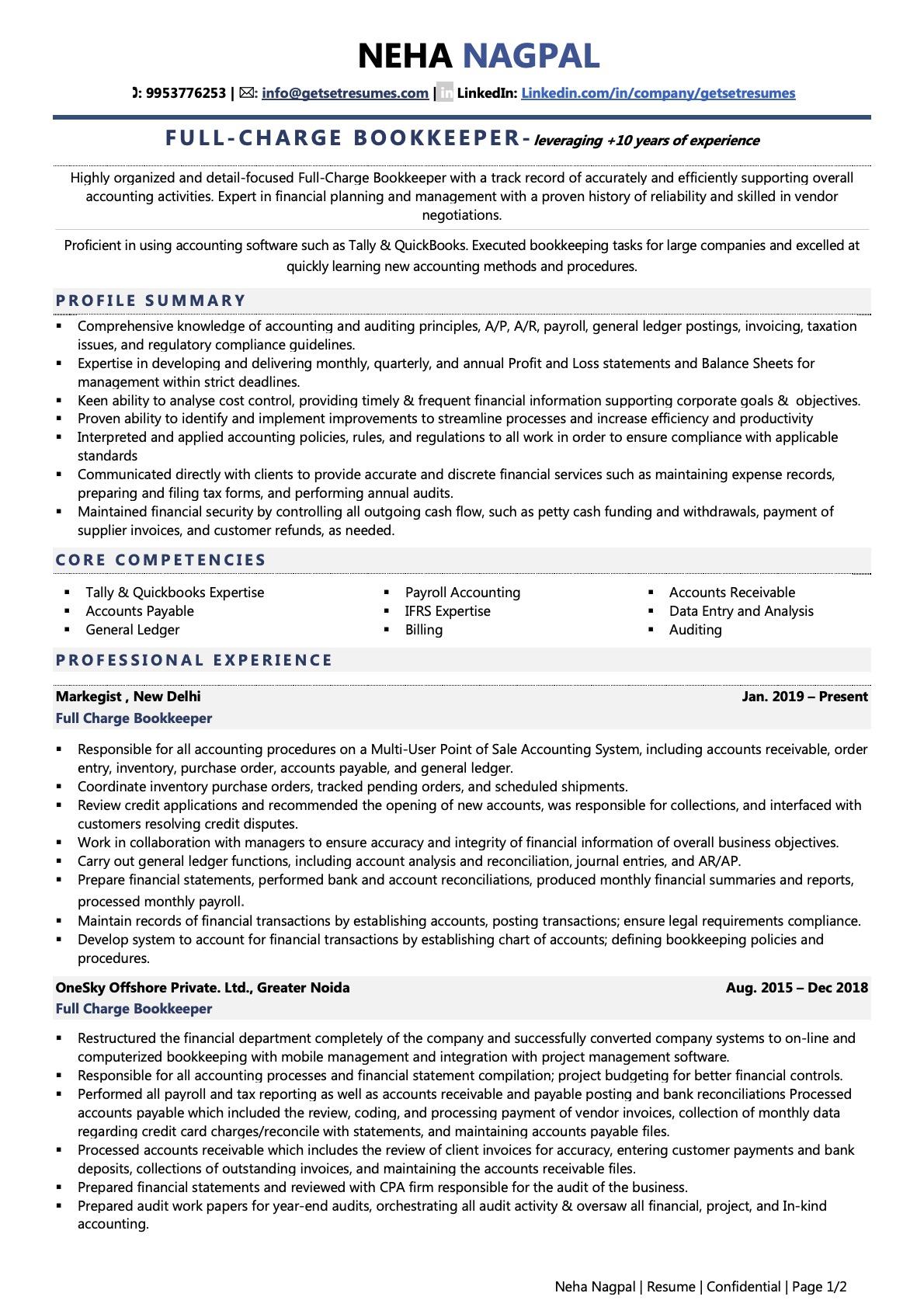 bookkeeper mission statement resume