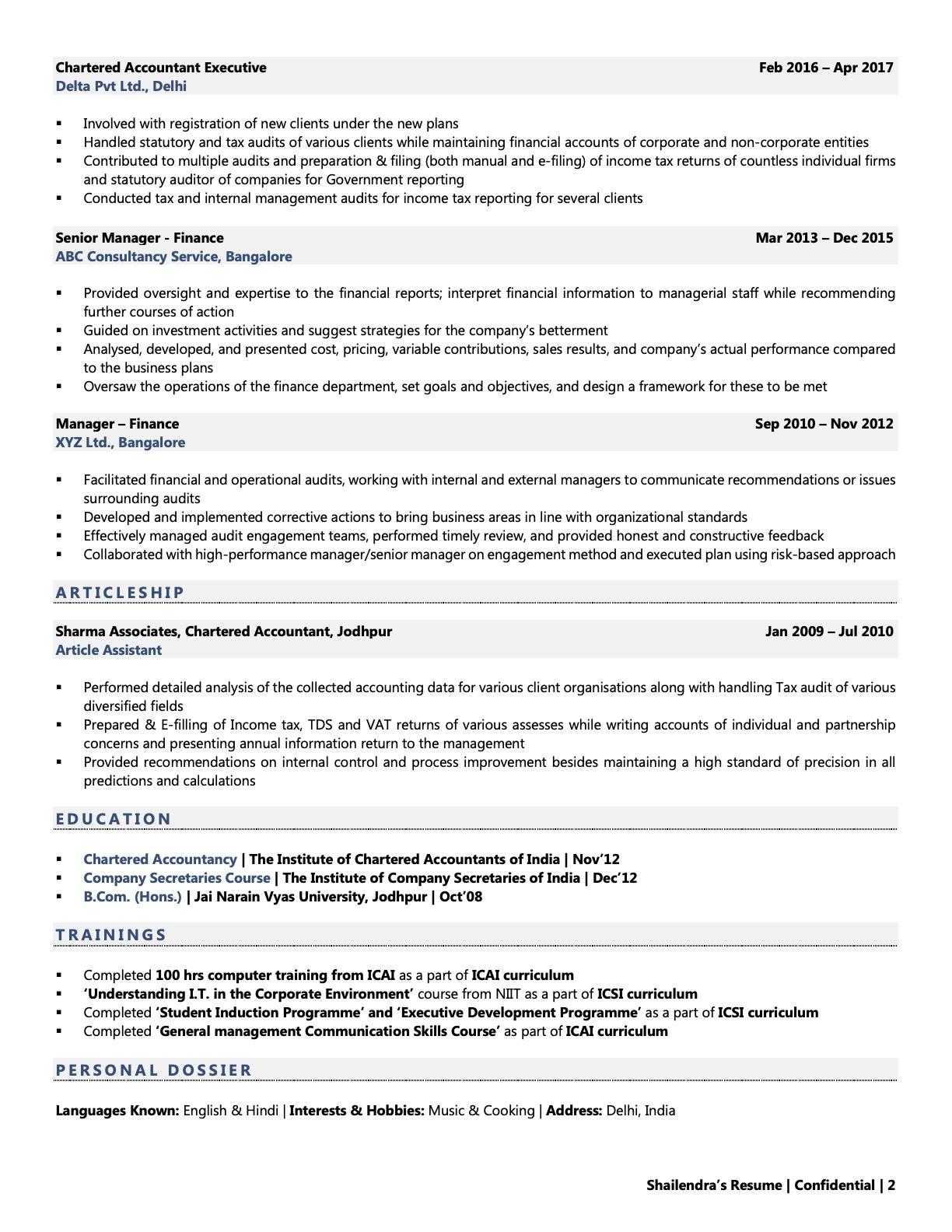 Chartered Accountant CA Resume Examples Template with Job Winning 