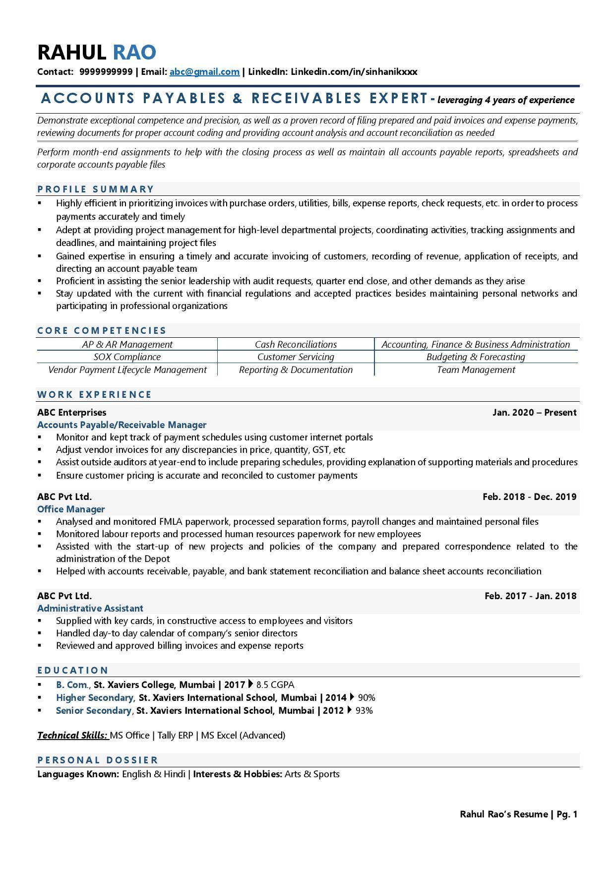 account receivable resume format india