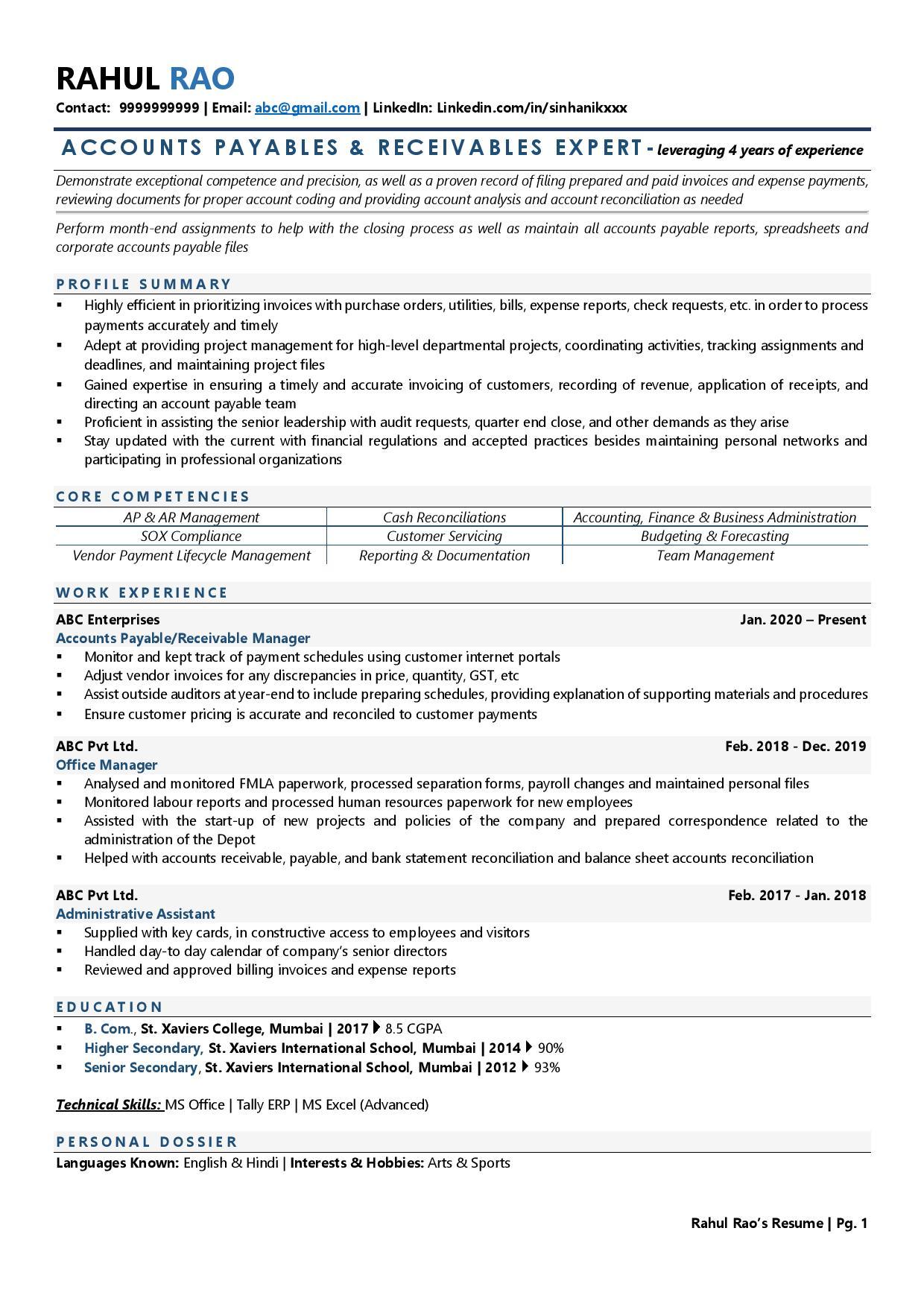 Accounts Payable Receivable Resume Examples Template with Job 