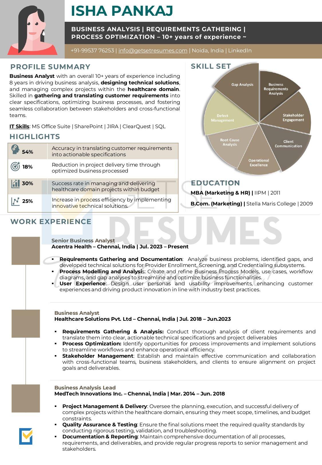 Infographic Resume Template for Senior Business Analyst in Healthcare Solutions and Technology